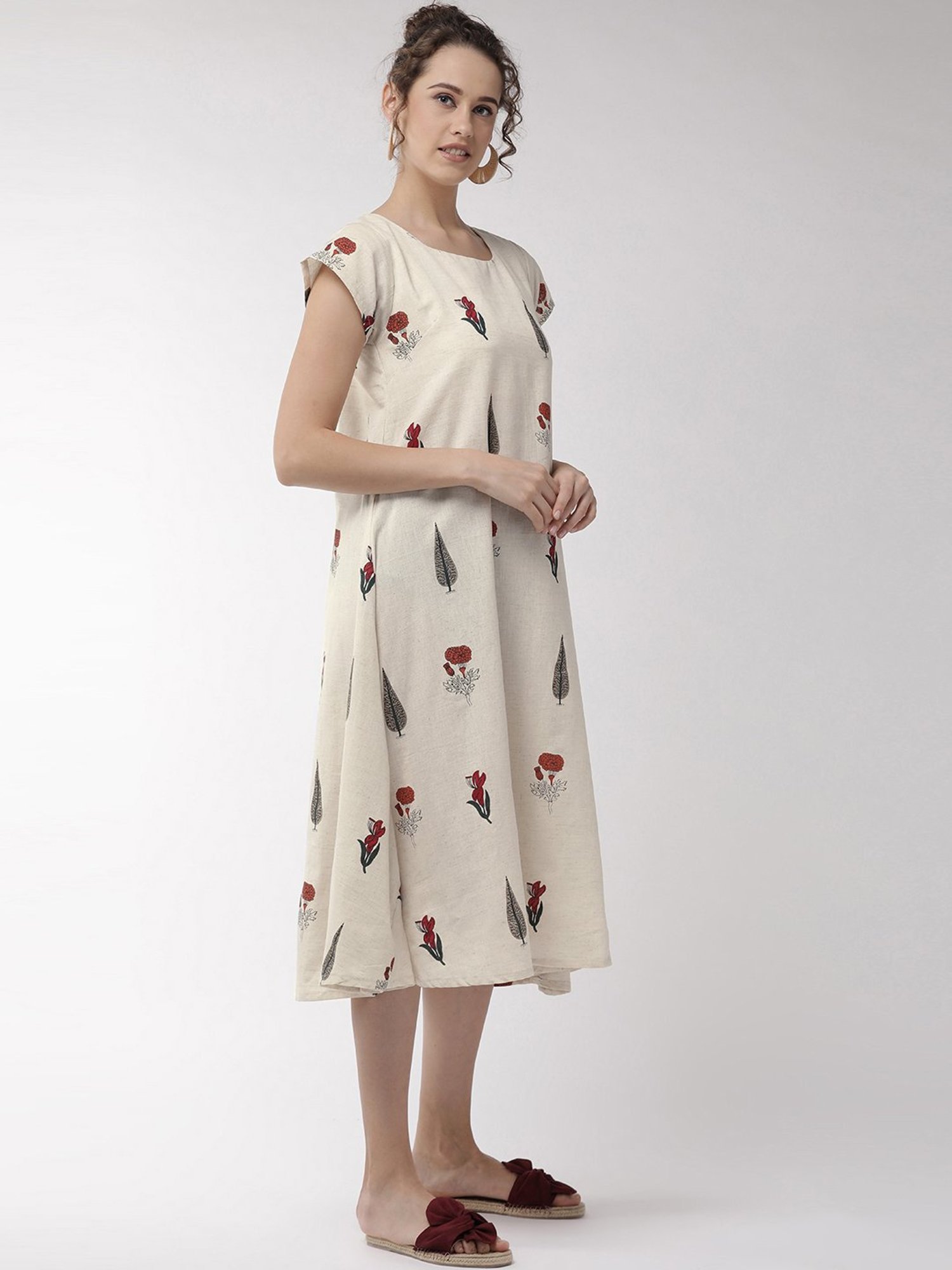 Inweave Off-White Cotton Printed A Line Dress