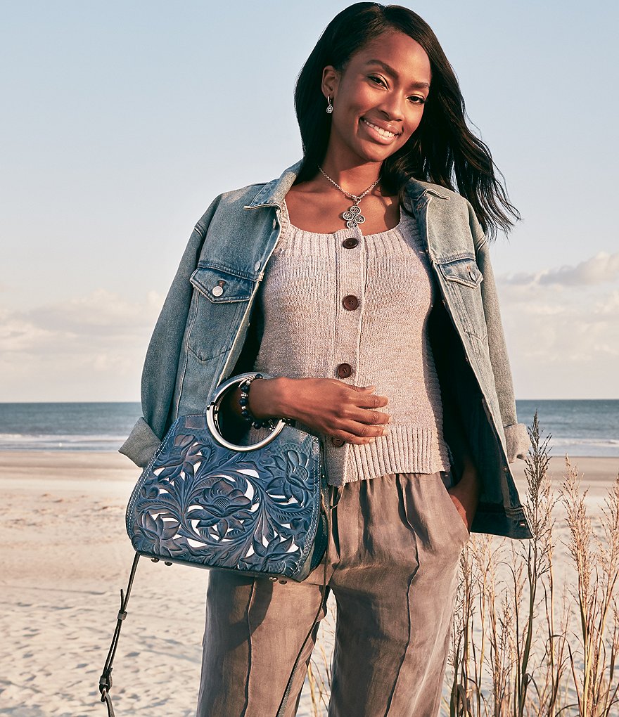 Patricia Nash Cut Out Tooling Collection Aria Ring Handle Floral Shopper Tote Bag