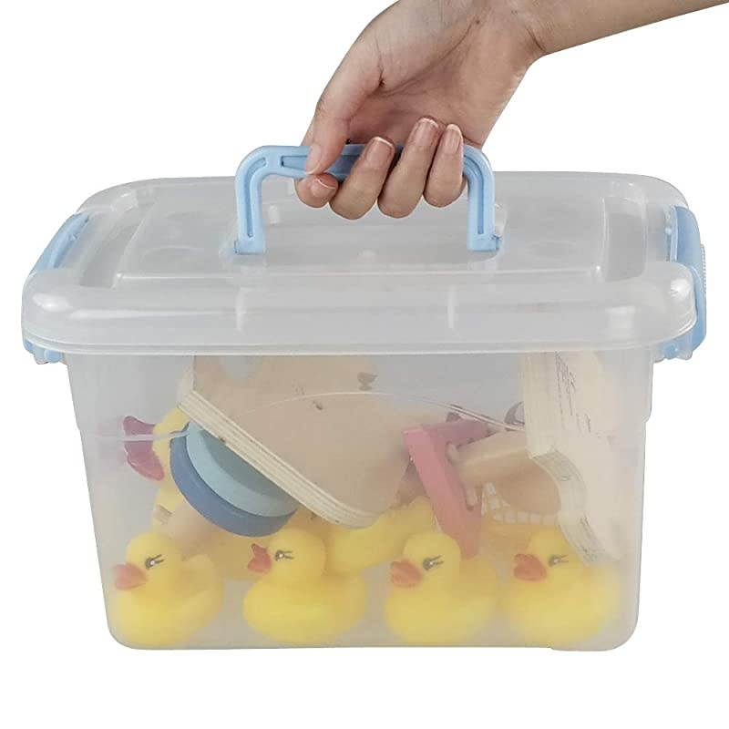 6 Quart Plastic Storage Box with Blue Latching Lid, Clear Bin Organizer, 4 Packs