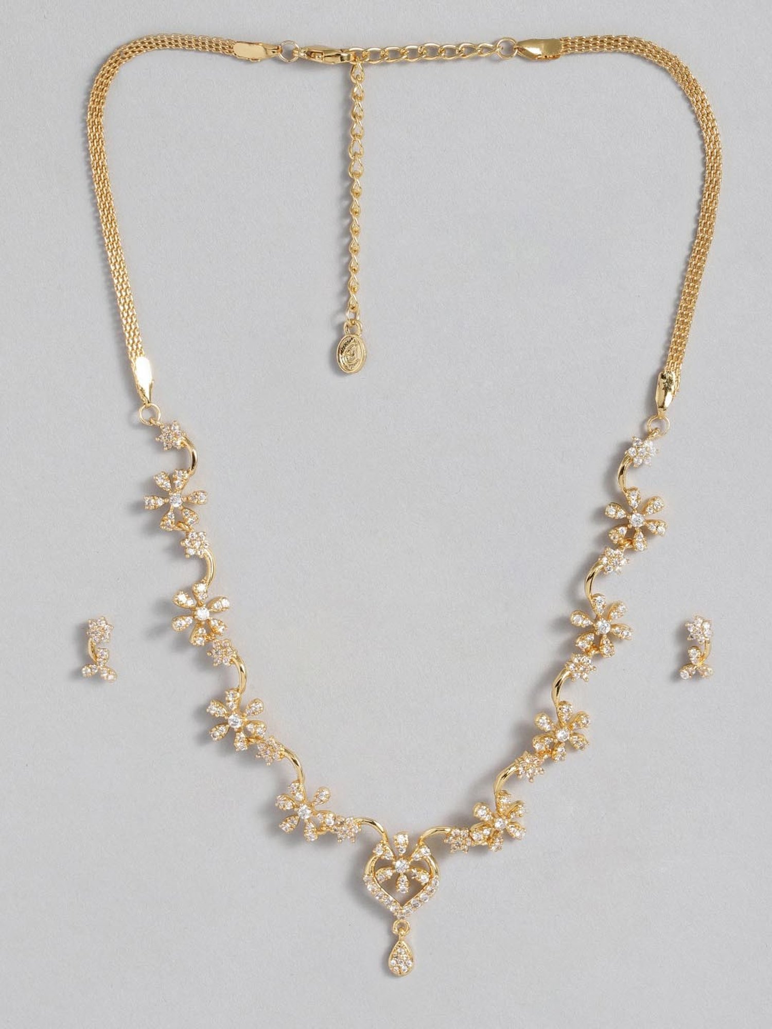 Estele Gold-Plated White CZ Flower Braid Necklace & Earring Set for Women