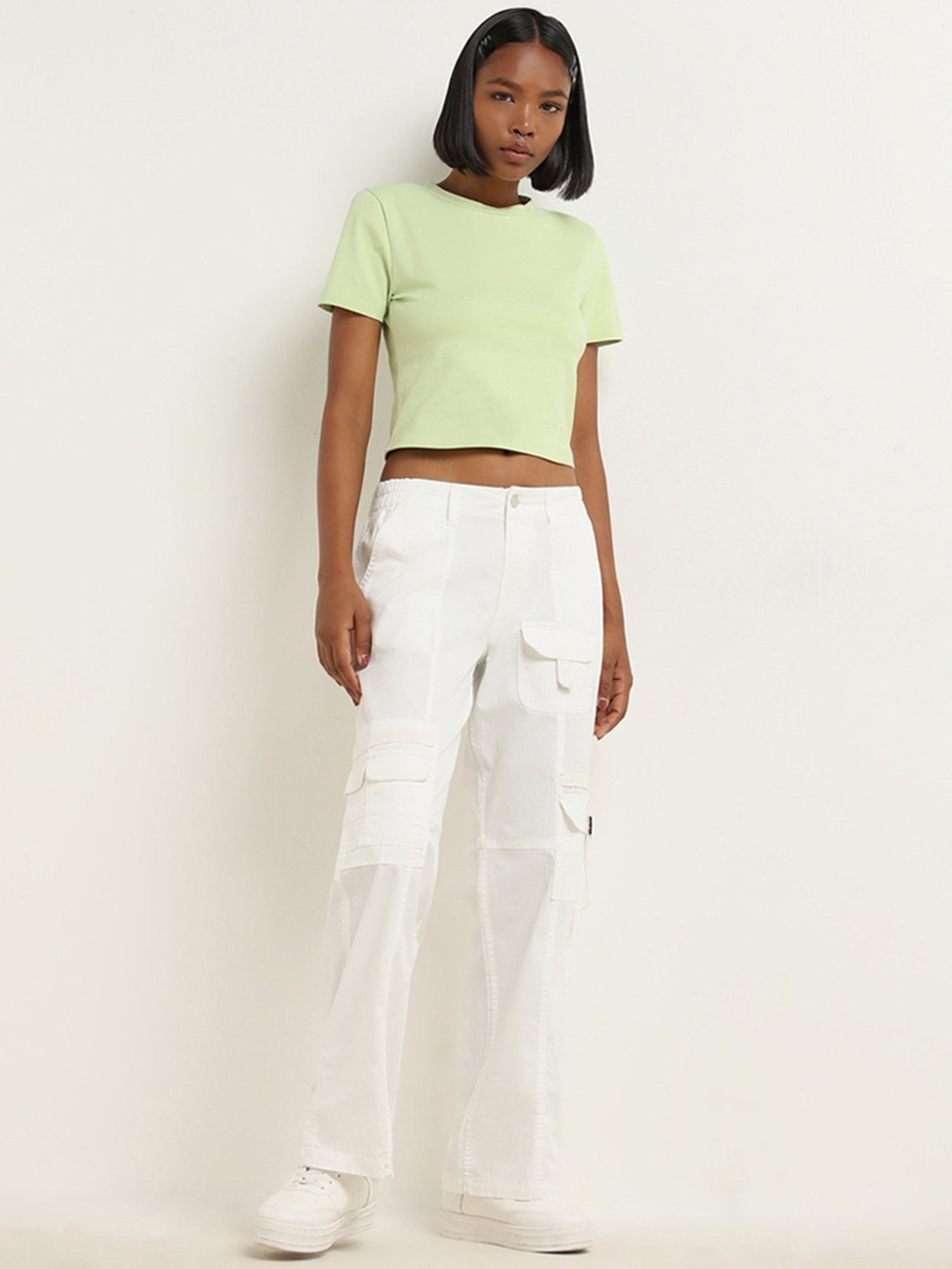 Nuon by Westside Lime Solid Cropped Cotton Blend T-Shirt