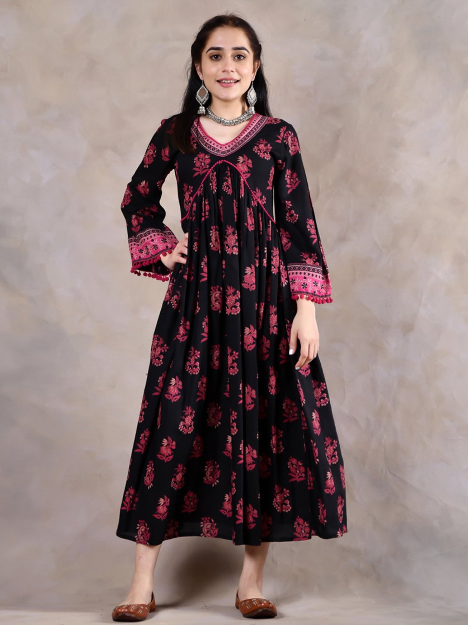 Rustorange Black Floral Print Maxi Dress