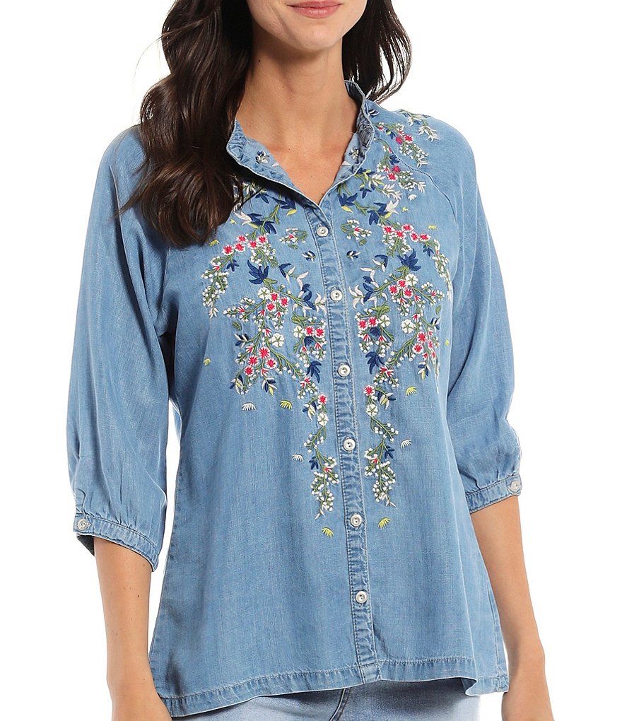 Reba Multi Floral Embroidered Button Front Chambray Top