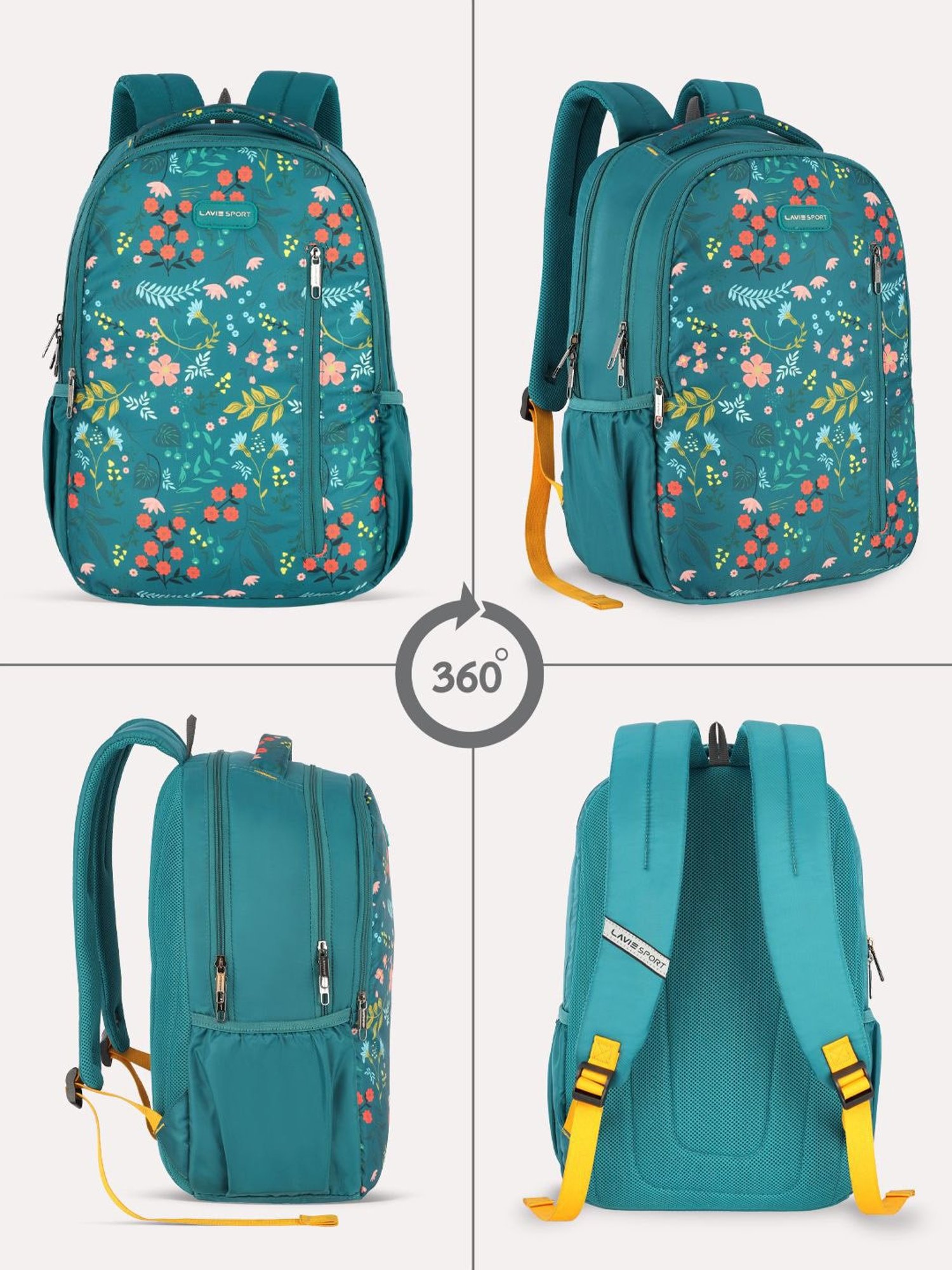Lavie Sport Radiant 26L Floral Printed School Backpack for Girls (Teal)