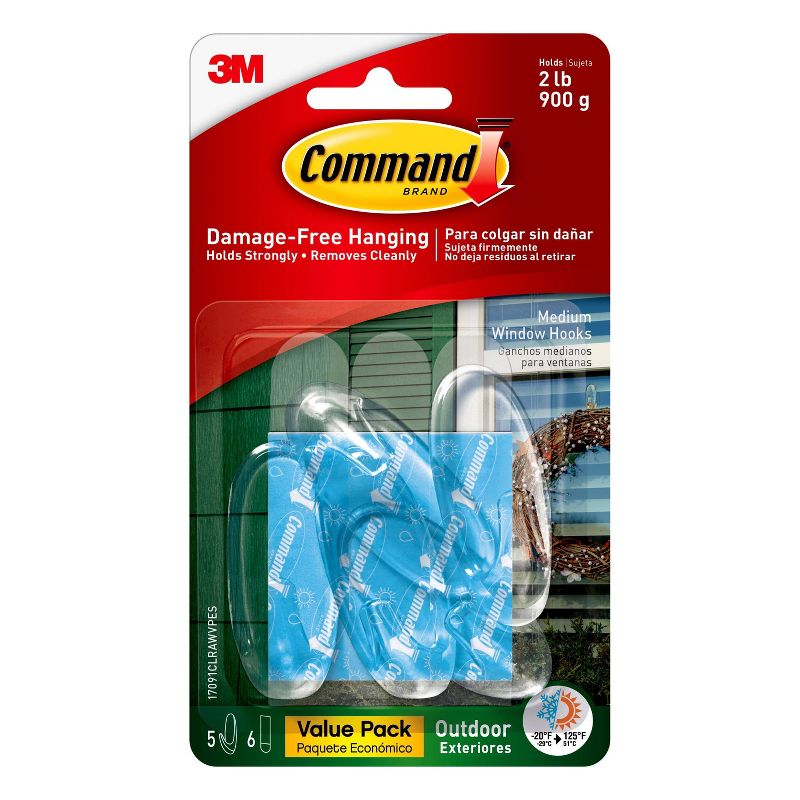 Command Medium Sized Outdoor Window Decorative Hooks with Strips Clear