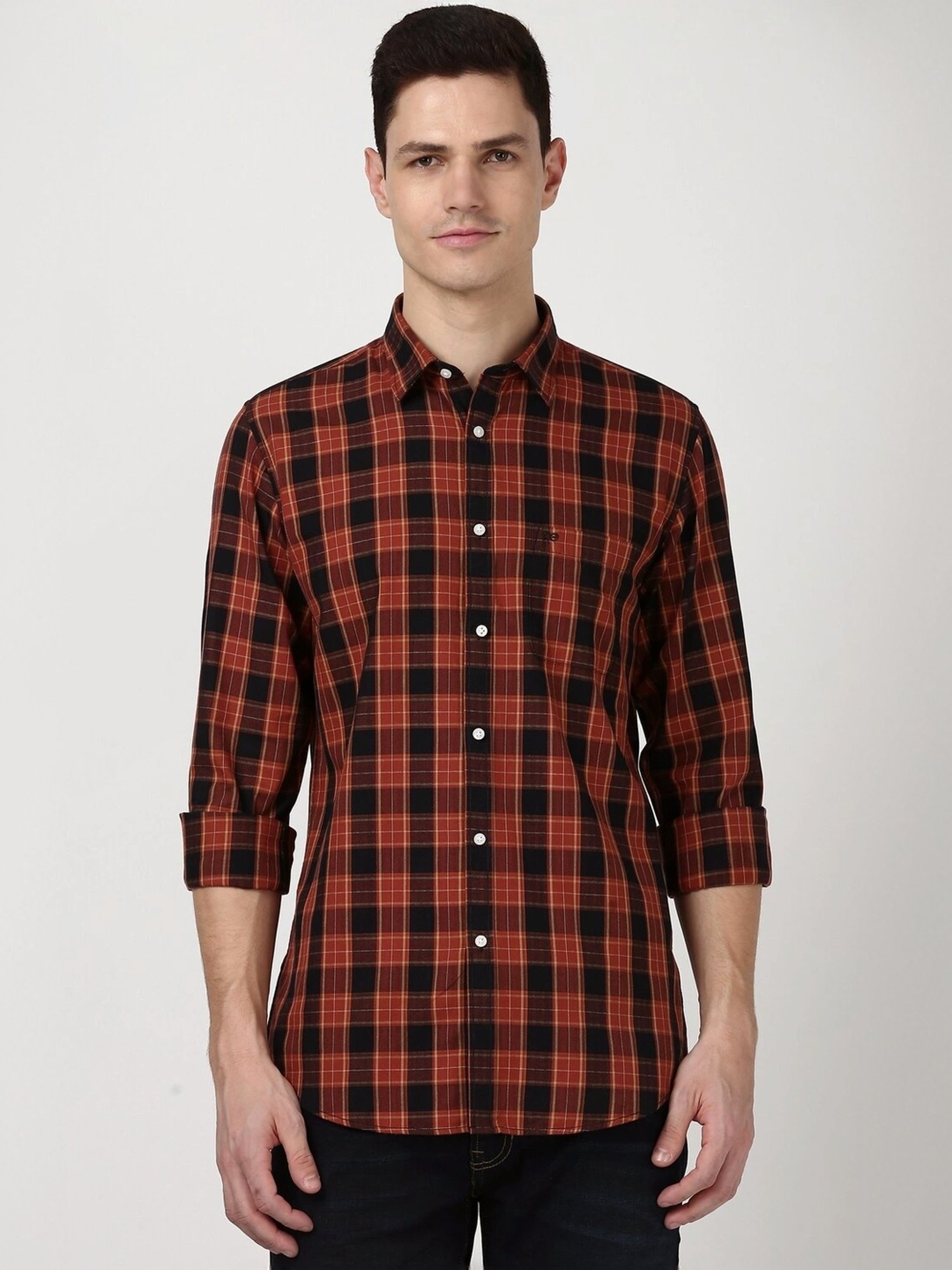 Spykar Blue Cotton Slim Fit Checks Shirt