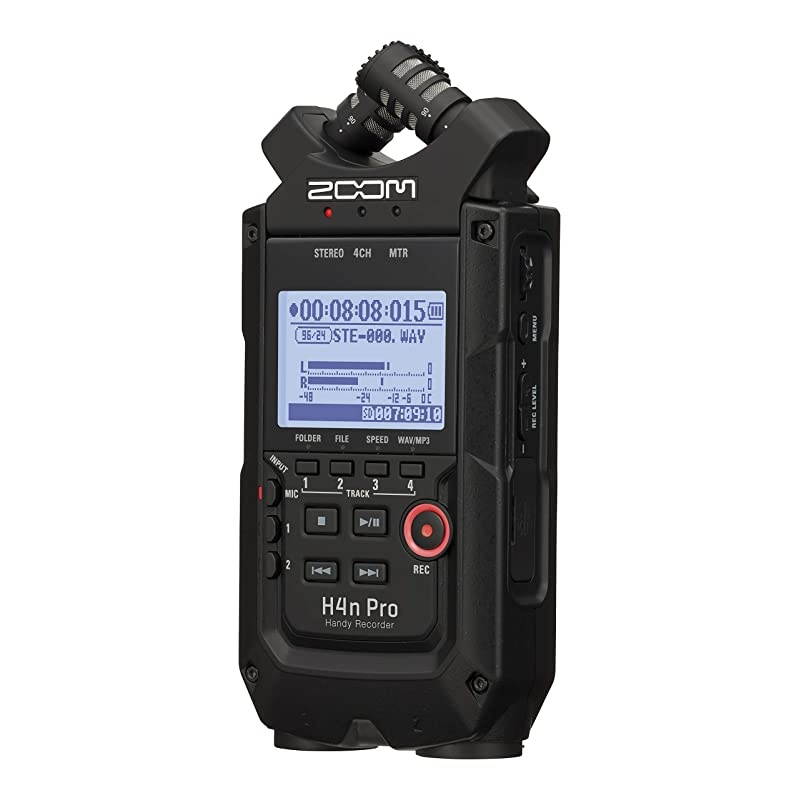 H4n Pro 4-Track Portable Recorder, All Black, Stereo Microphones, 2 XLR/ &frac14;&ldquo; Combo Inputs, Battery Powered, for Stereo/Multitrack Recording of Music, Audio for Video, and Podcasting