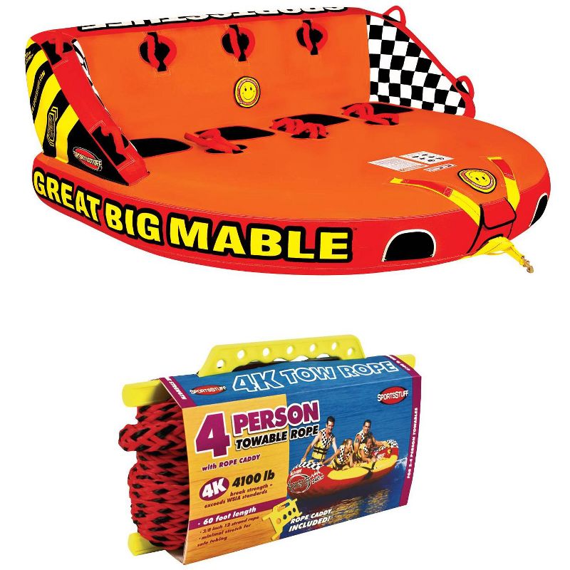 SPORTSSTUFF 53-2218 Great Big Mable 4-Person Towable Boat and Lake Tube Inflatable with 60 Foot Tow Rope, Heavy-Duty Full Nylon Cover, & Grab Handles