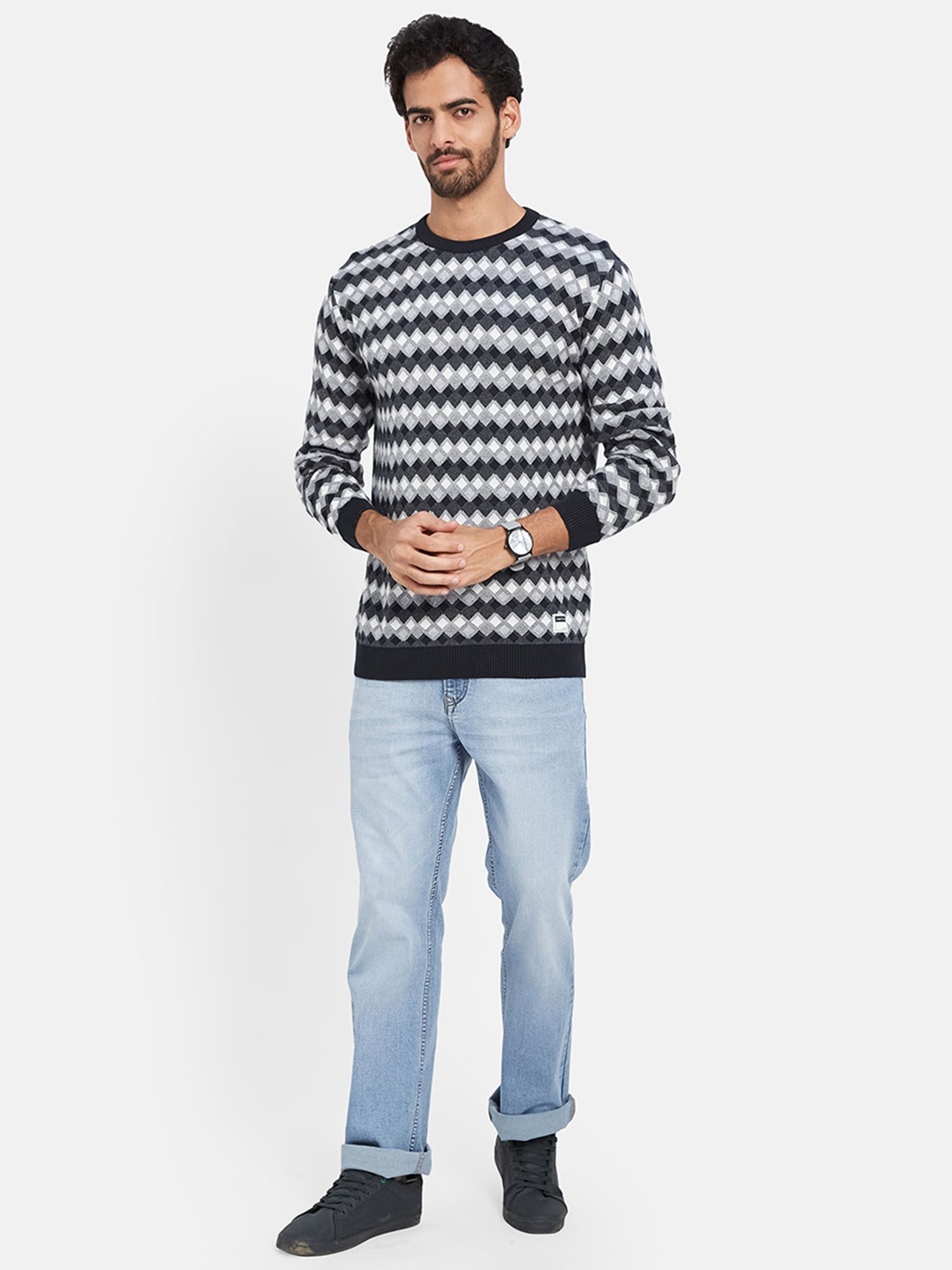 METTLE Navy Regular Fit Geometric Print Round Neck Sweater