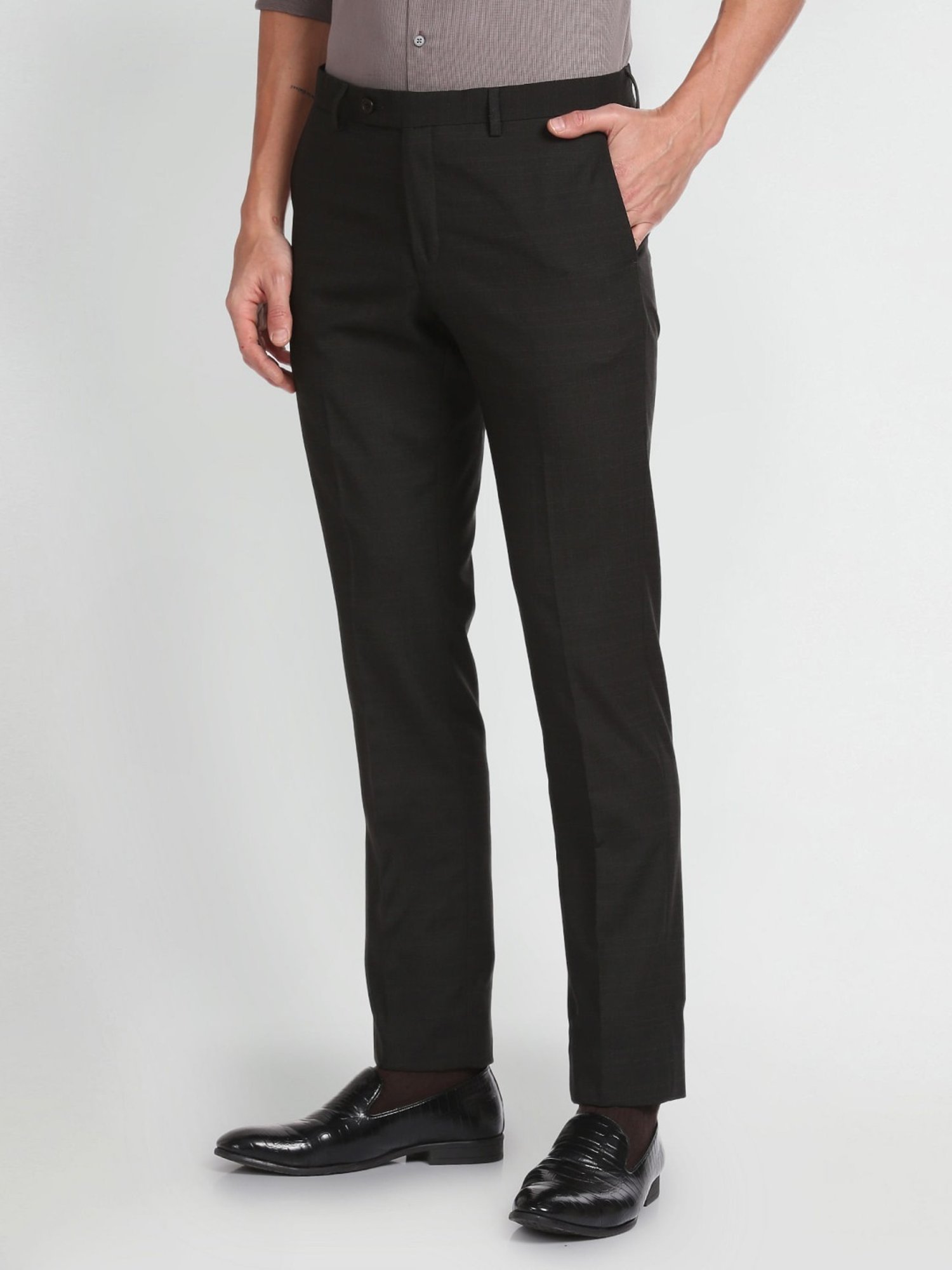 Arrow Black Regular Fit Checks Trousers