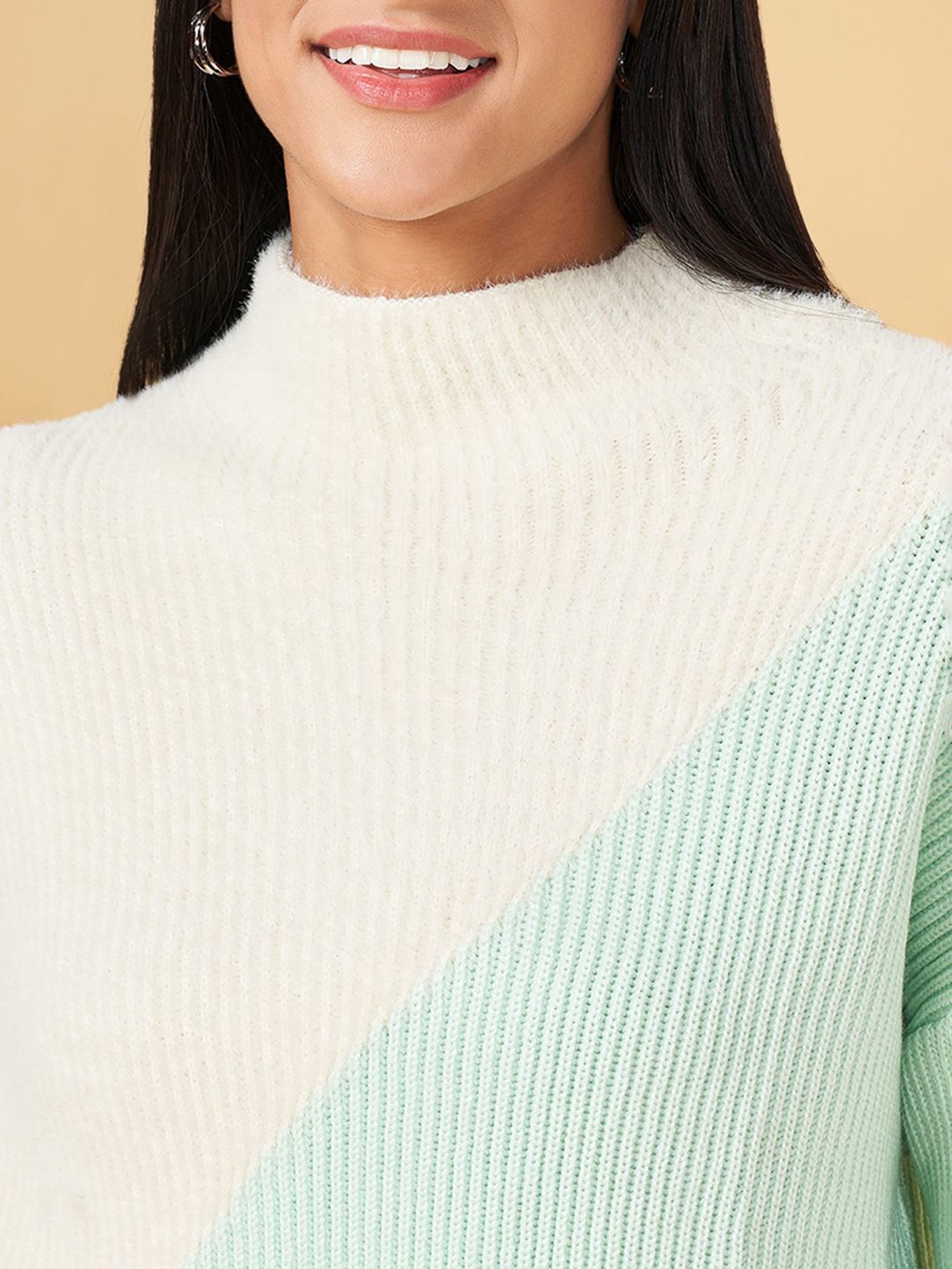 Honey by Pantaloons White & Green Color-Block Sweater