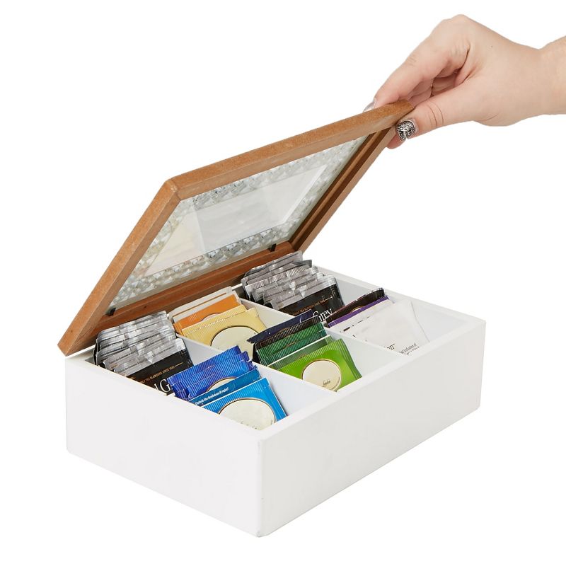 MIND READER Tea Bag Sorter and Organizer [Glass Window Wood Pattern | 6 Compartments] (WHITE)