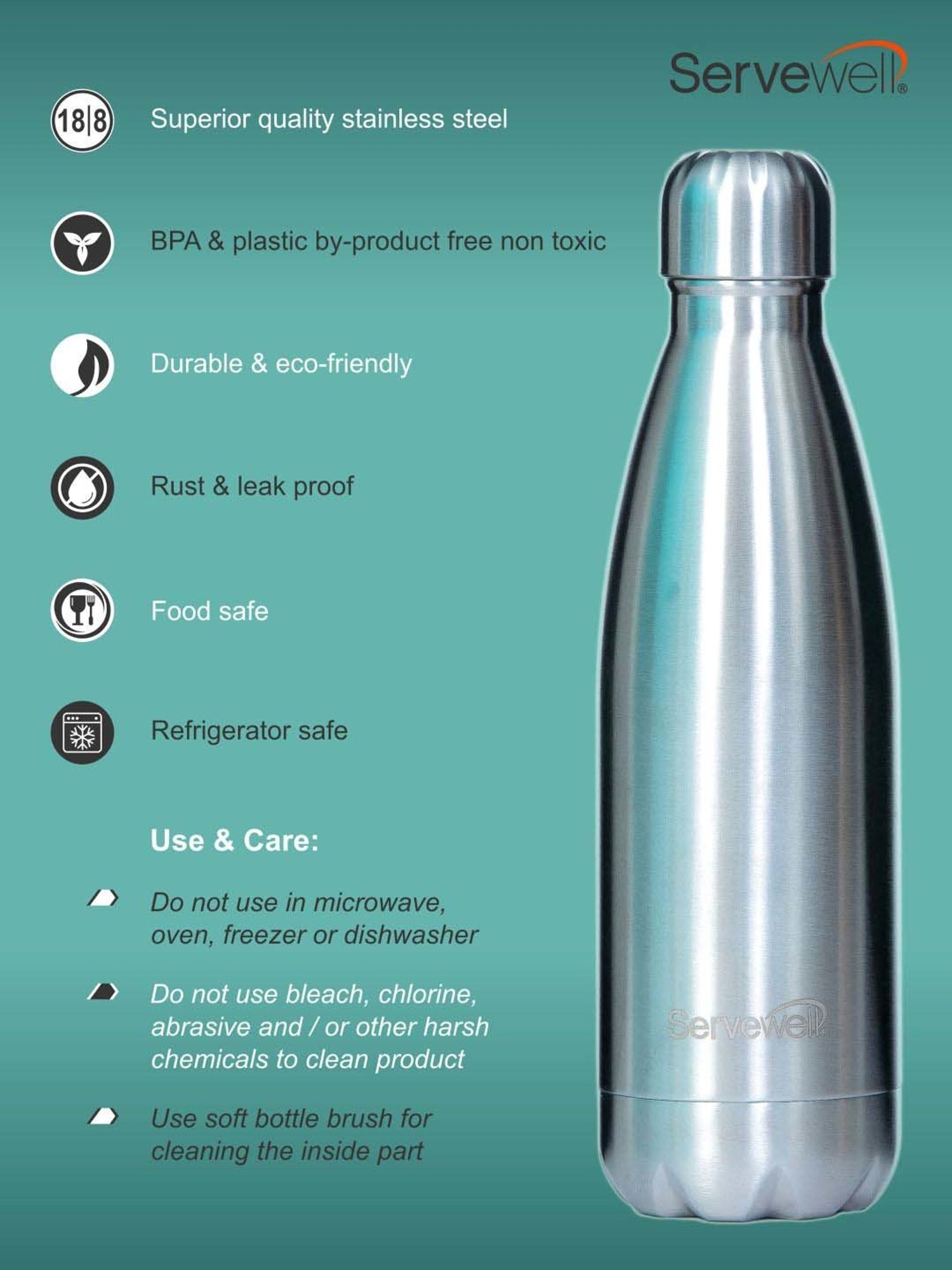 Servewell Silver Steel Bali Single Wall Water Bottle (1 L)