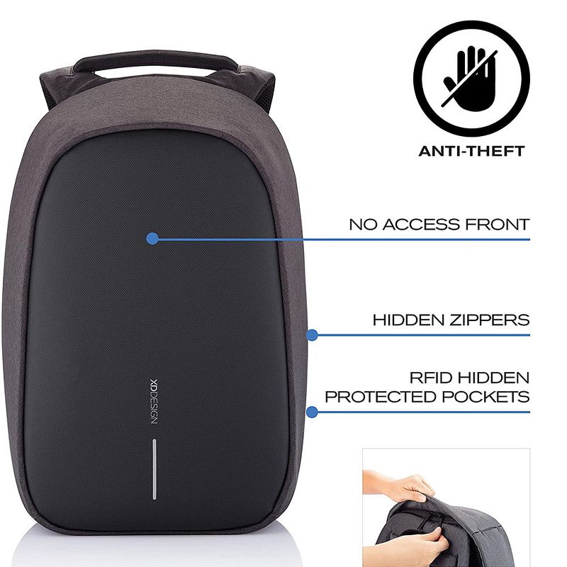 XD Design P705.561 Bobby Extra Large Anti Theft Compact Travel Laptop Case Backpack with USB Port and Hidden Compartments, Black