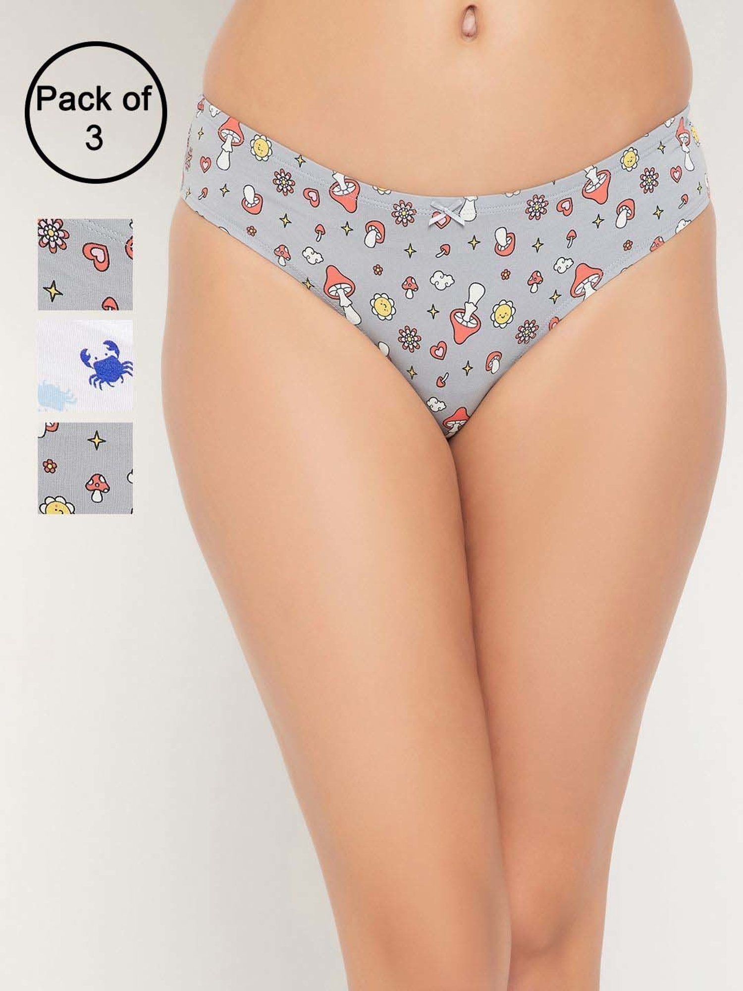 Clovia Grey & White Cotton Printed Hipster Panty - Pack Of 3