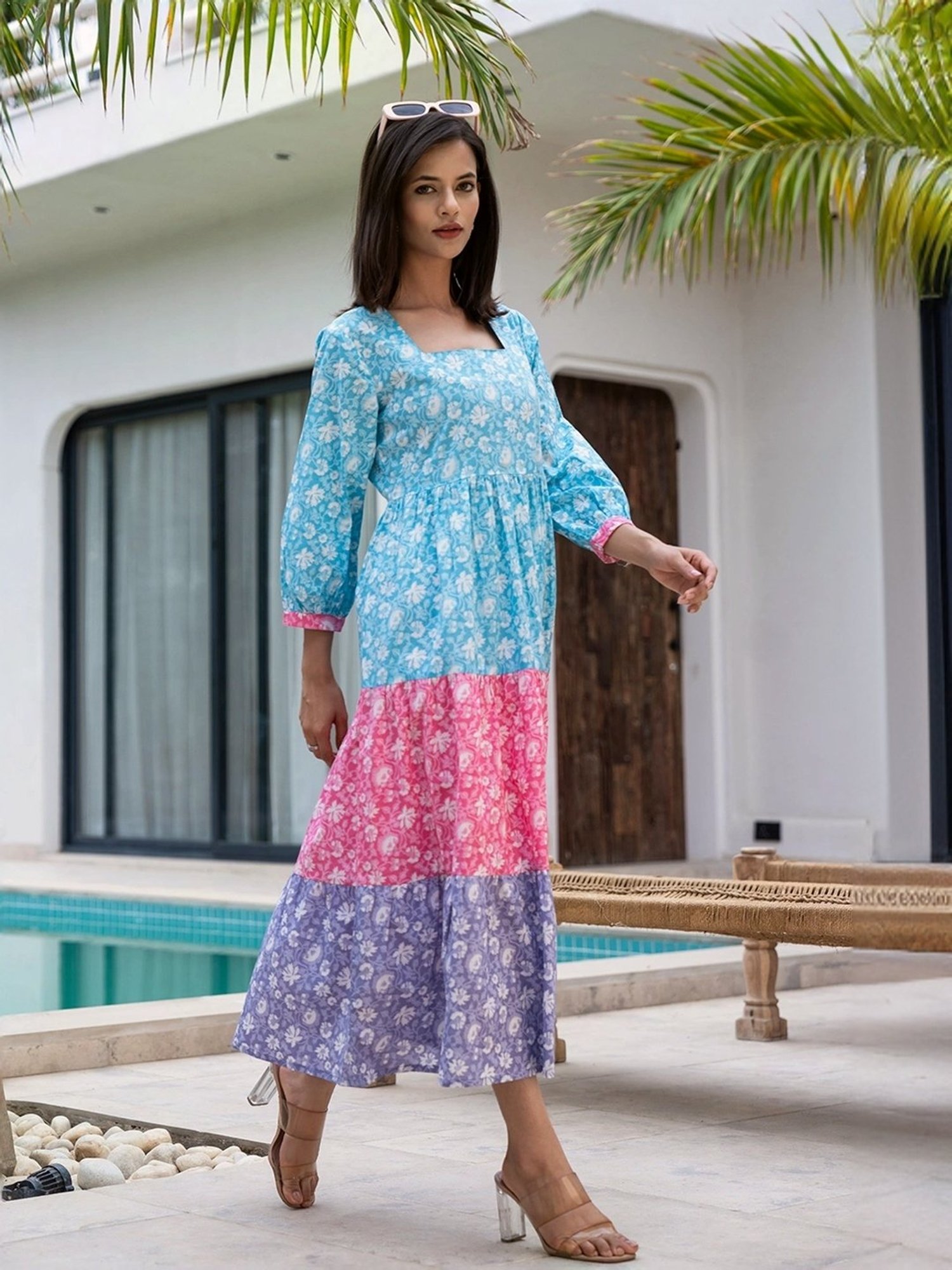 Yufta Blue Cotton Printed A-Line Dress