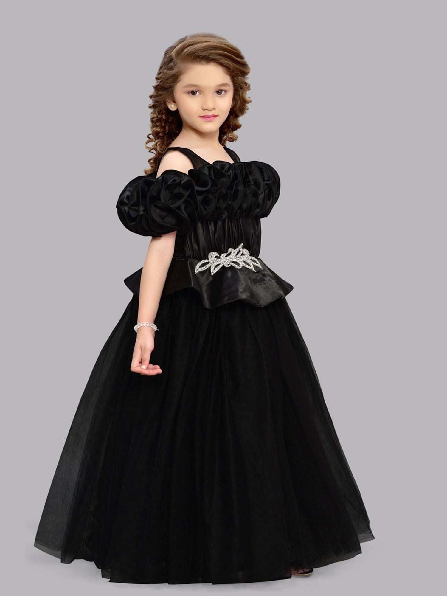 Pink Chick Kids Black Solid Party Gowns