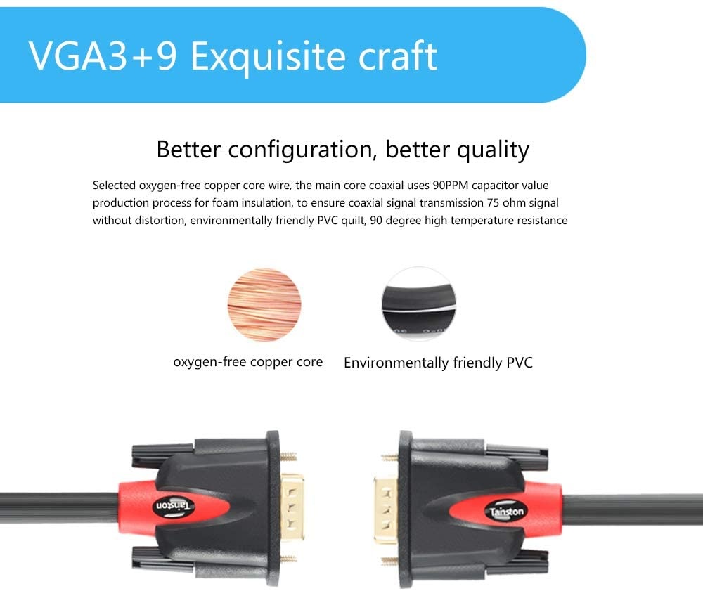 Tainston VGA to VGA Cable HD15 Monitor Cable with Ferrites Male to Male-10 Feet