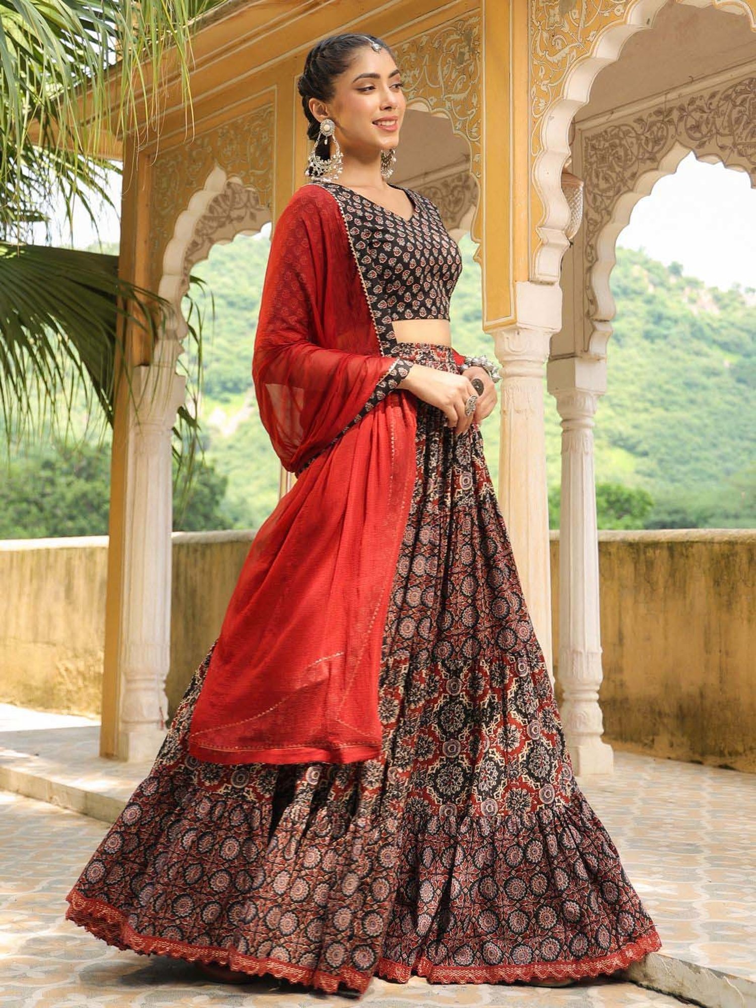 Janasya Black Cotton Printed Lehenga Choli Set With Dupatta