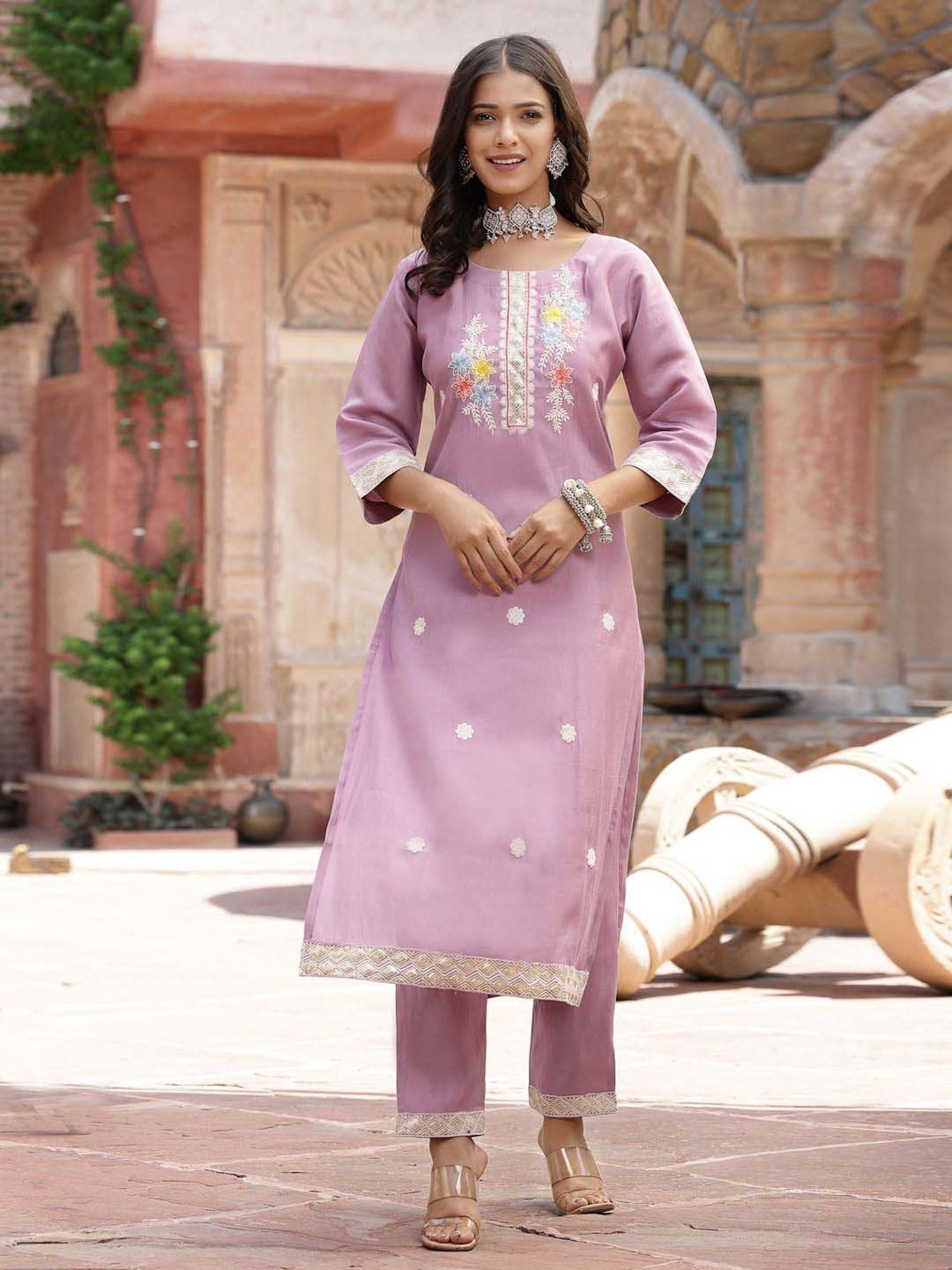 Stylum Purple Embroidered Kurta Pant Set With Dupatta
