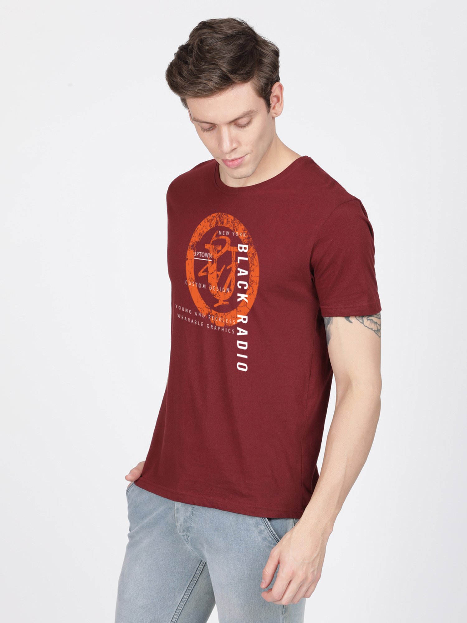BLACK RADIO Maroon Slim Fit Printed Cotton Crew T-Shirt