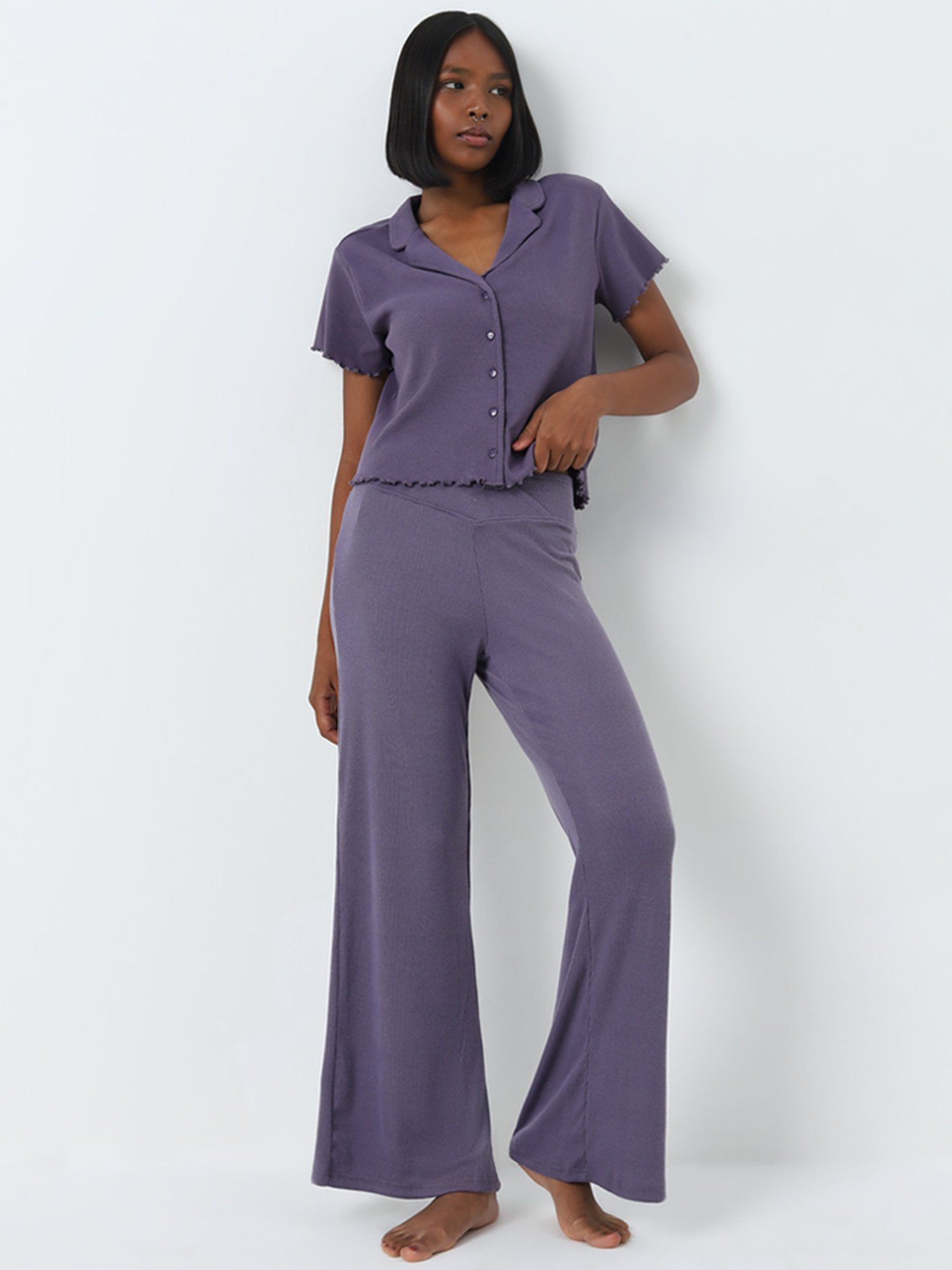 Superstar by Westside Purple Ribbed Textured High-Rise Pants