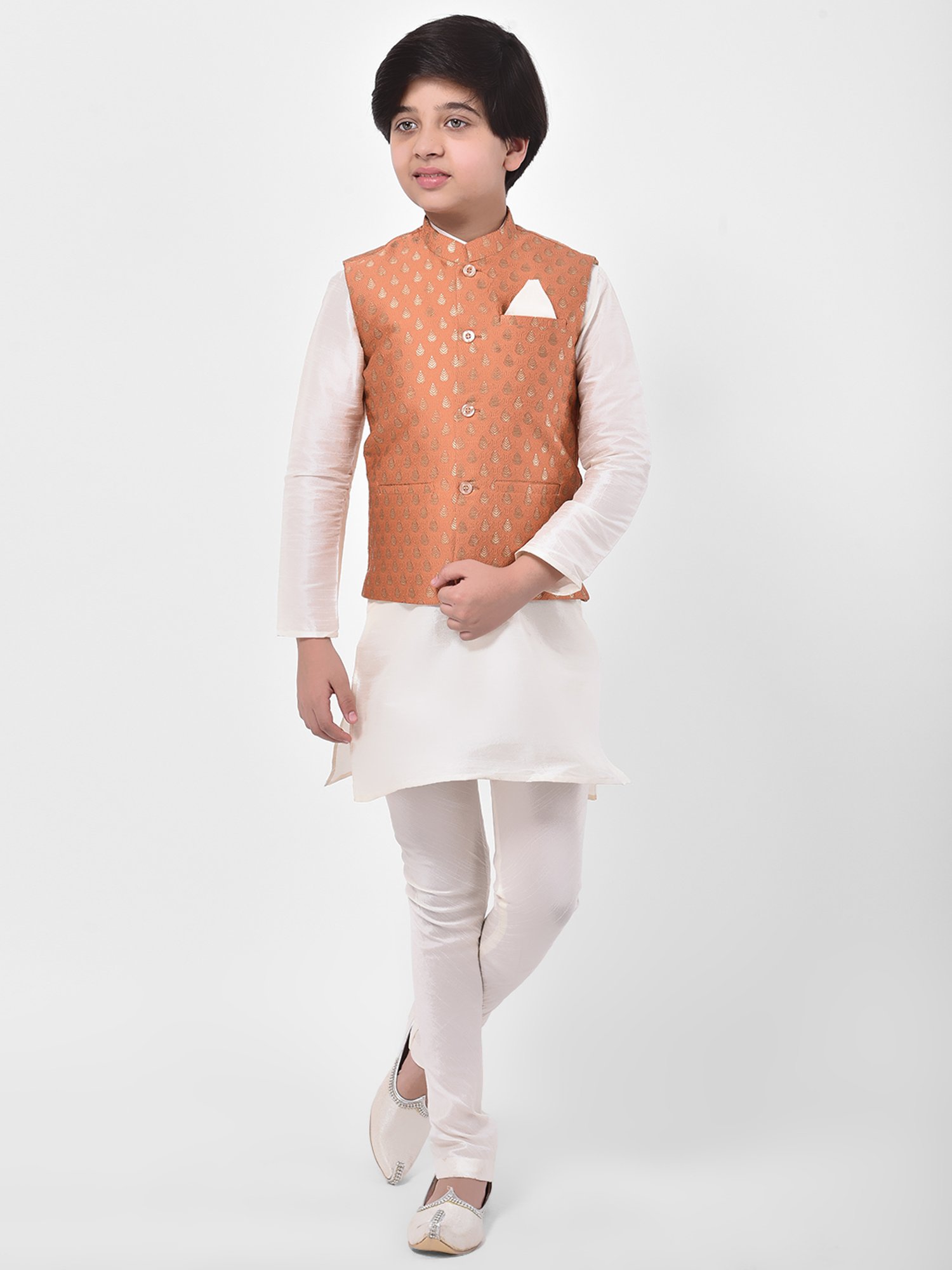 Deyann Kids Off White & Peach Self Design Full Sleeves Kurta, Churidar Pants with Nehru Jacket