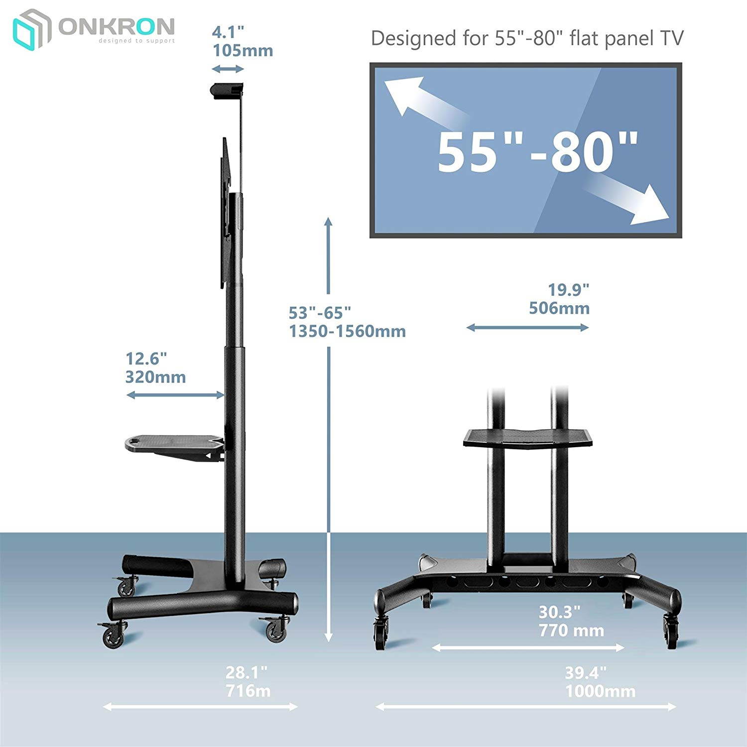 ONKRON Mobile TV Stand with Wheels Rolling TV Cart for 55 to 80 Inch LCD LED Flat Panel TVs (TS1881)