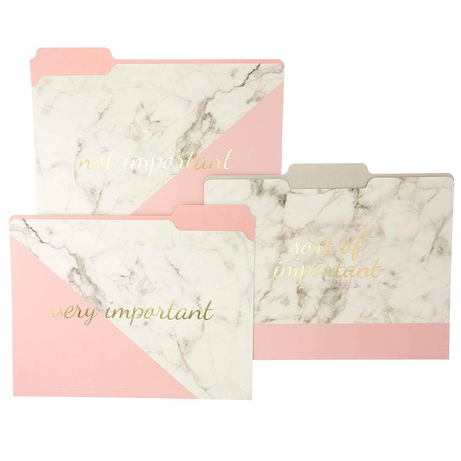 Graphique Blush Marble File Folder Set &ndash; File Set Includes 9 Folders and 3 Unique"Important" Designs, Embellished w/Gold Foil on Durable Triple-Scored Coated Cardstock, 11.75" x 9.5"