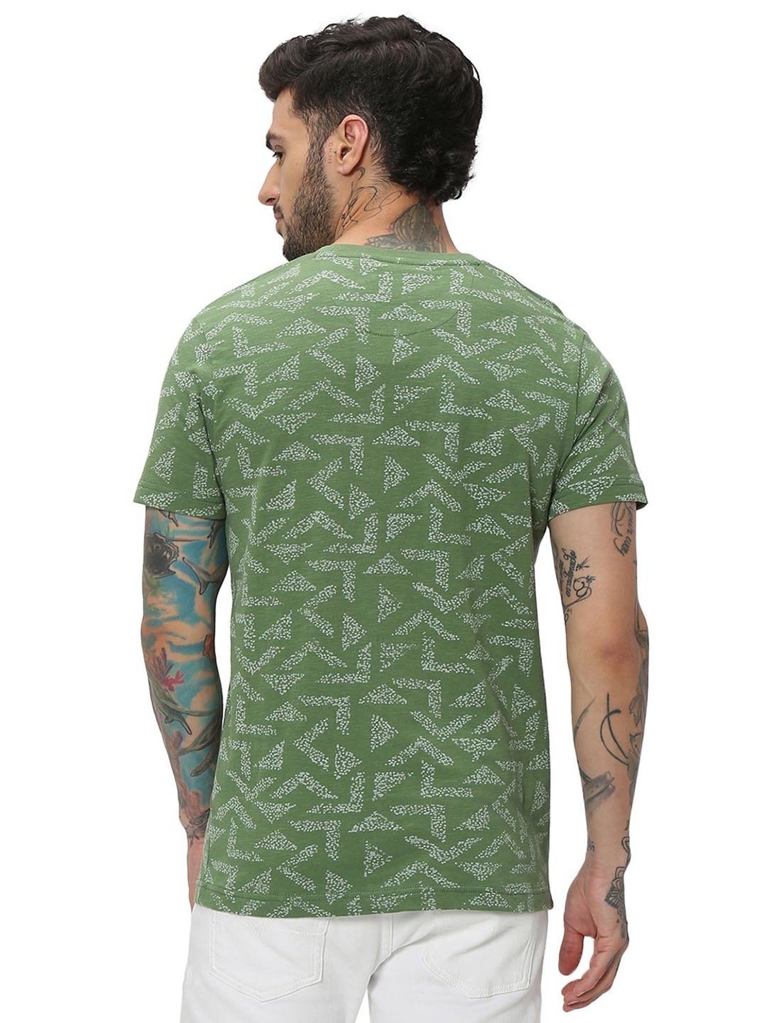 Mufti Green Slim Fit Printed Cotton Crew T-Shirt