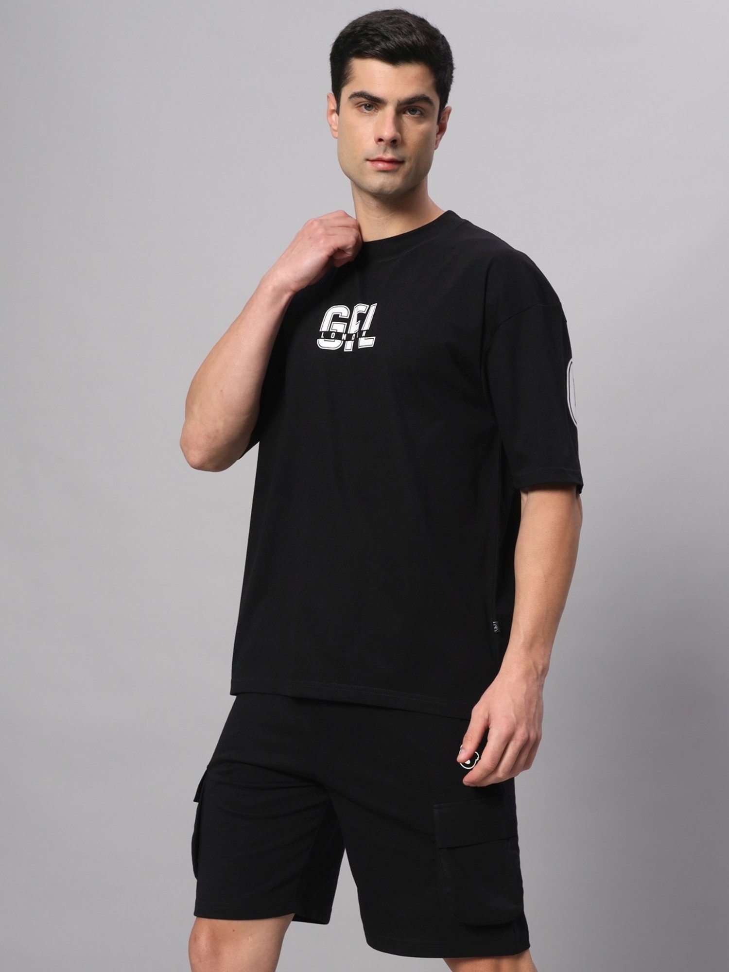 Griffel Black Cotton Loose Fit Logo Printed Co-Ord Set