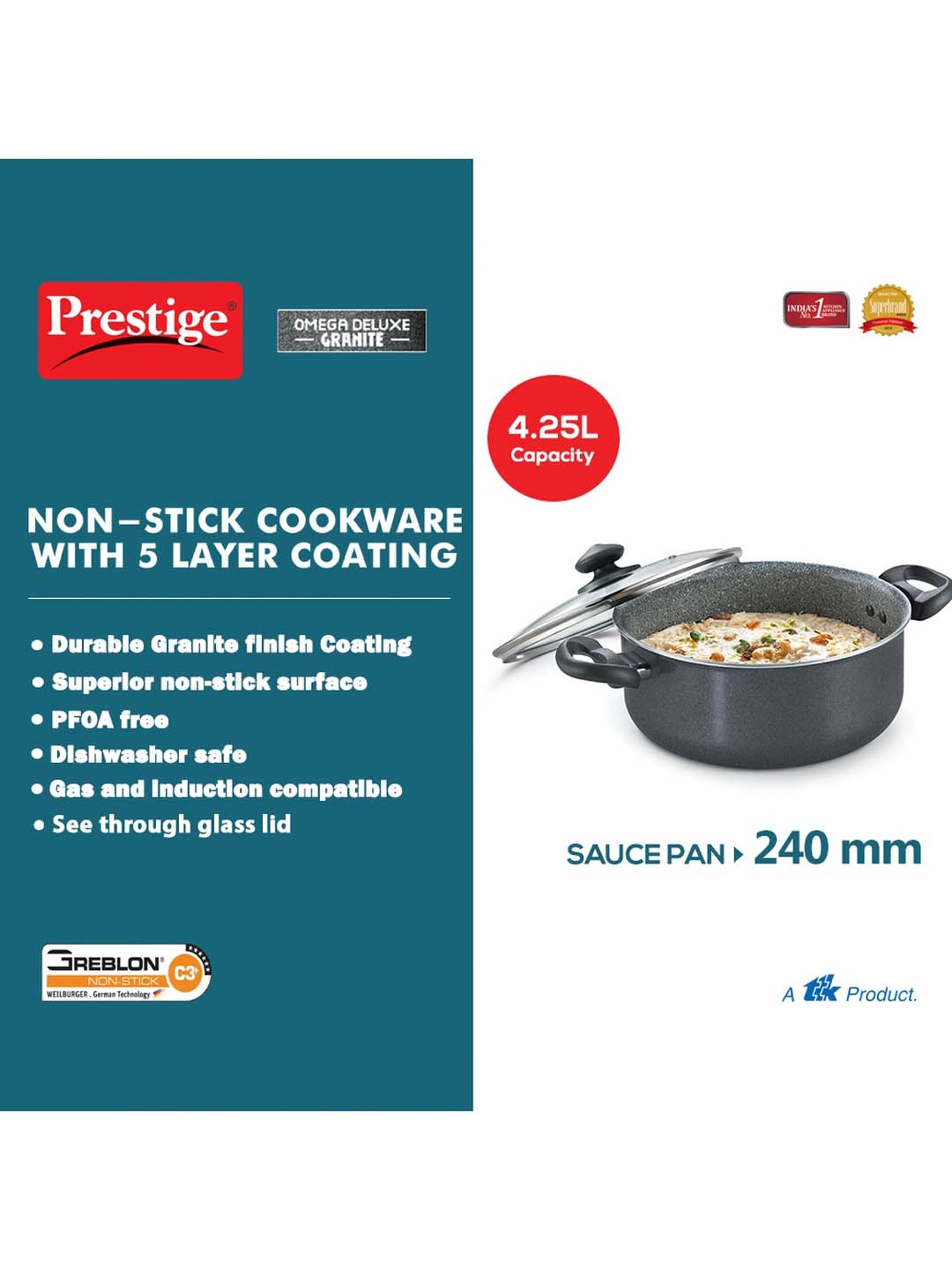 Prestige Omega Black Deluxe Granite 240 mm Sauce Pan with Lid - Set of 1