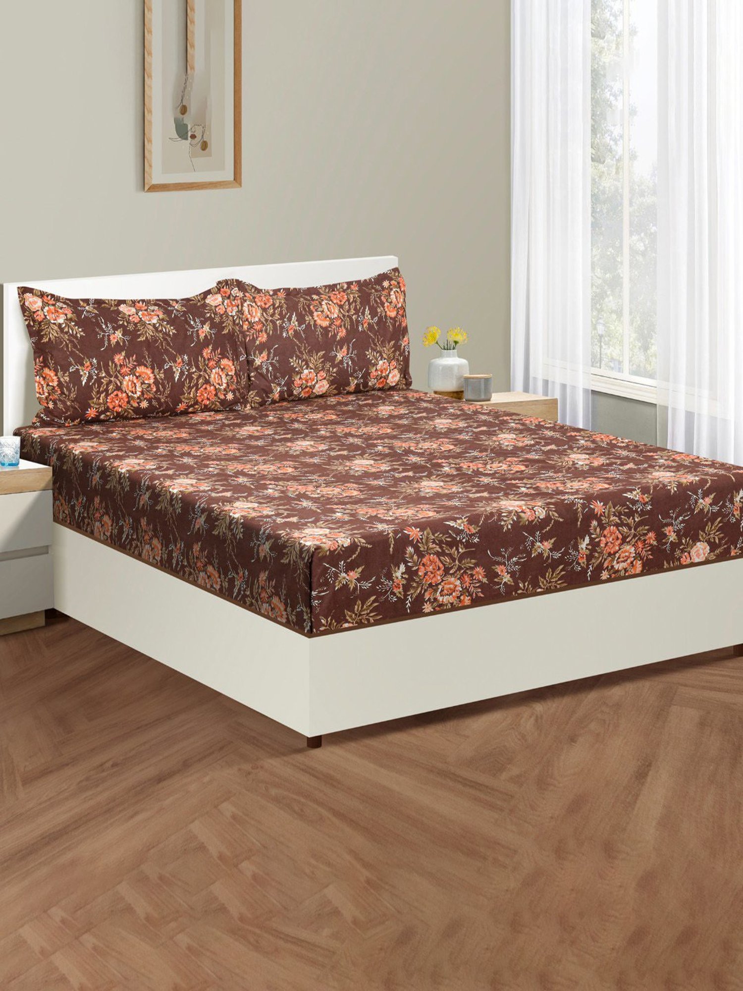 Swayam Dona Floral Brown 160 TC Cotton King Fitted Fitted Bedsheet with 2 Pillow Covers