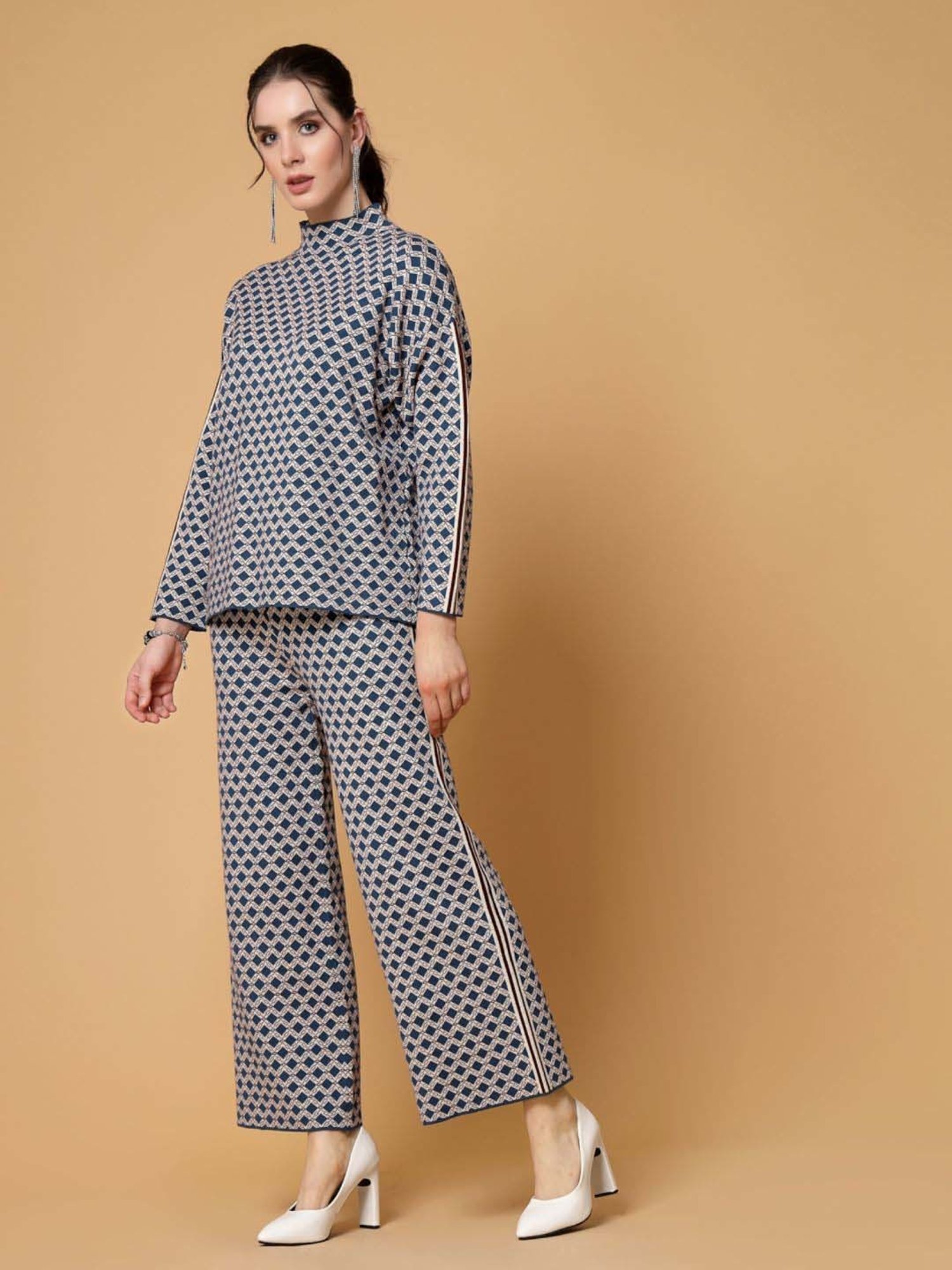 Mafadeny Blue Printed Top Pants Set