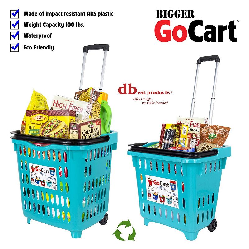 dbest products Bigger GoCart 2 Wheel Waterproof Grocery Cart Shopping Utility Laundry Basket w/ Extendable Handle & 120 Pound Capacity, Teal (5 Pack)