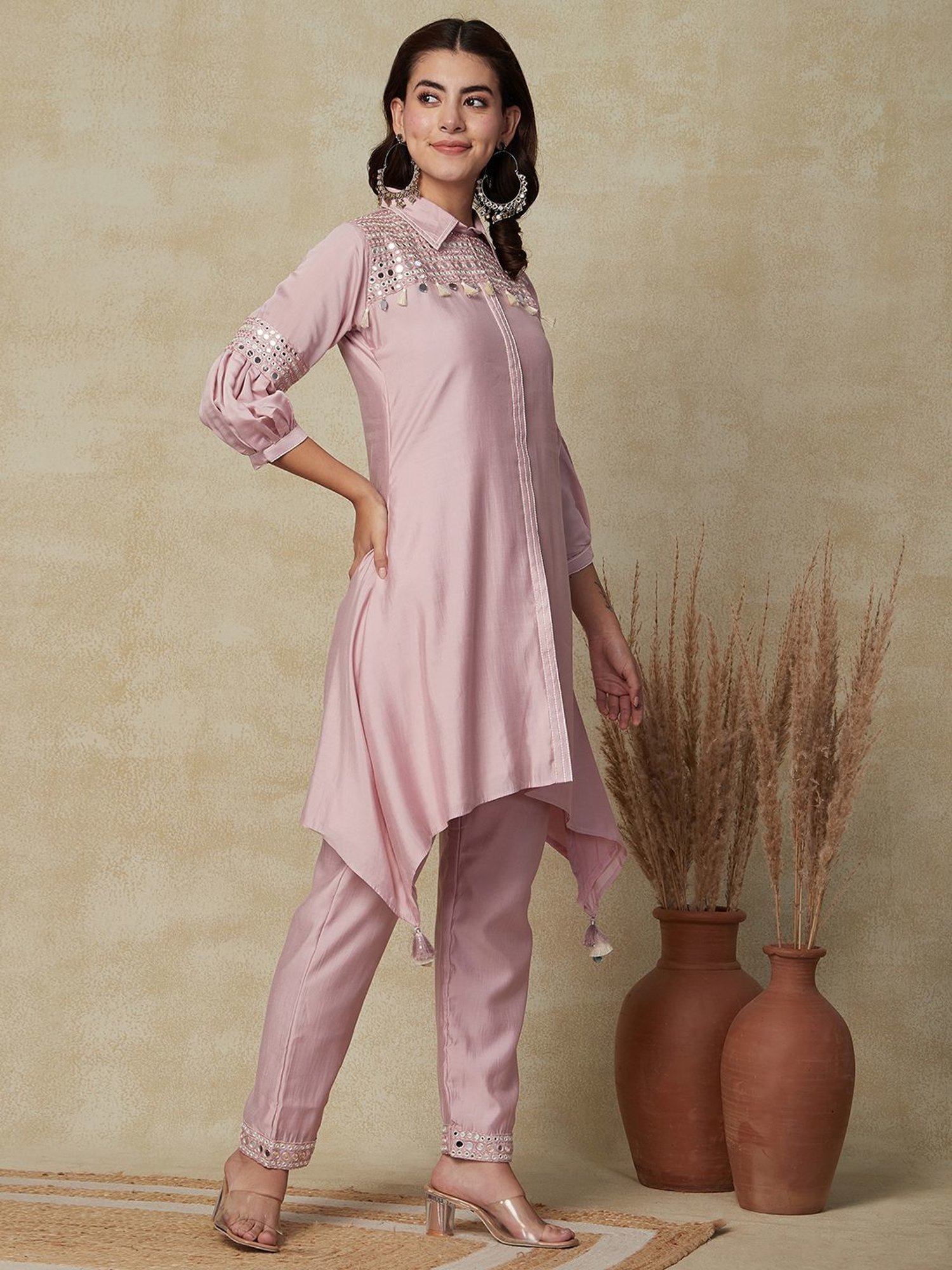 Fashor Pink Embellished Kurti Pant Set