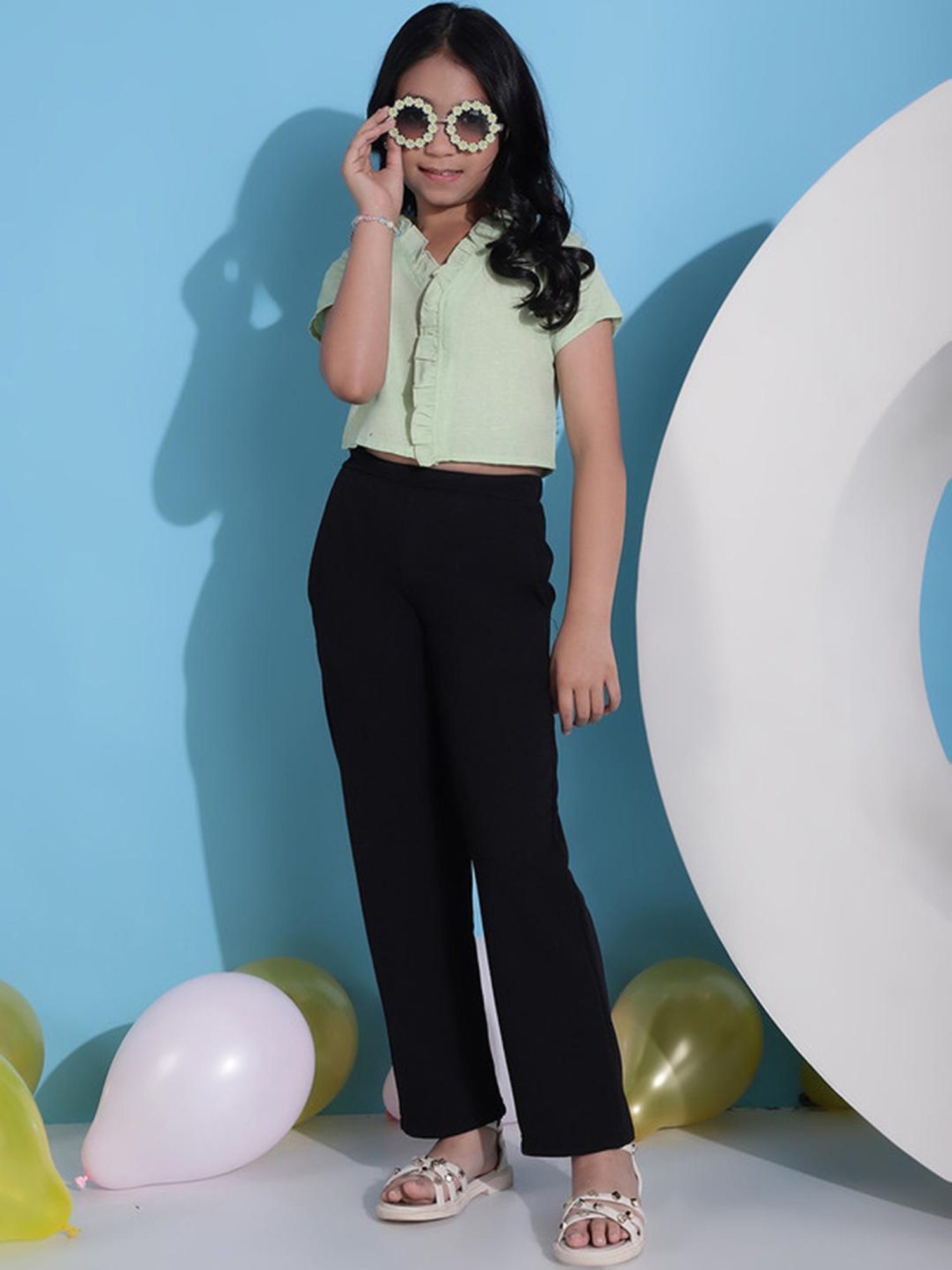 NEUDIS Kids Mint Green & Black Solid Top with Trousers