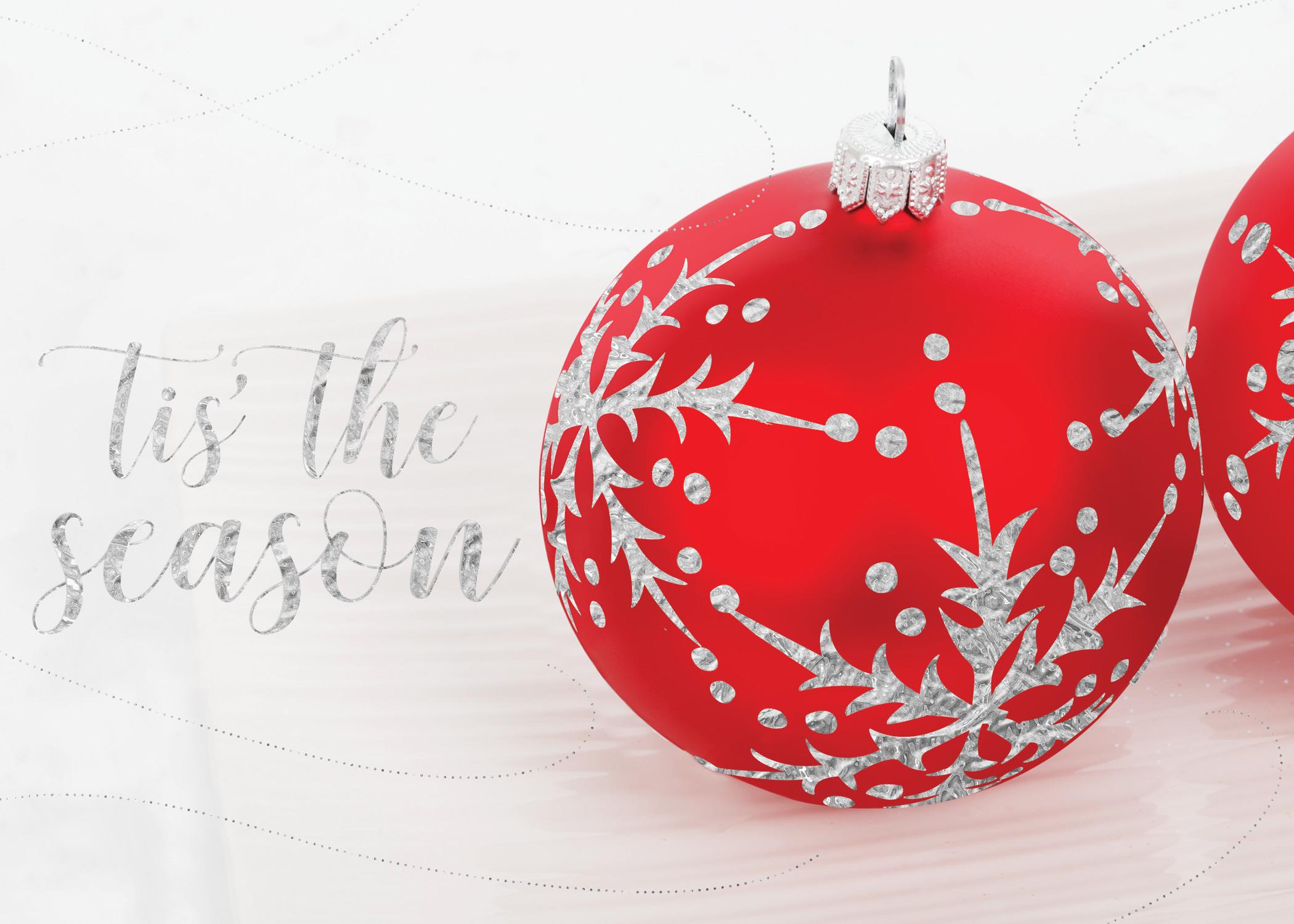 Holiday Foil Printed Greeting Cards - H1708. Greeting Card with Red Ornaments and Silver Snowflakes and Tis The Season in Silver Foil. Box Set Has 25 Greeting Cards and 26 Silver Foil Lined Envelopes.