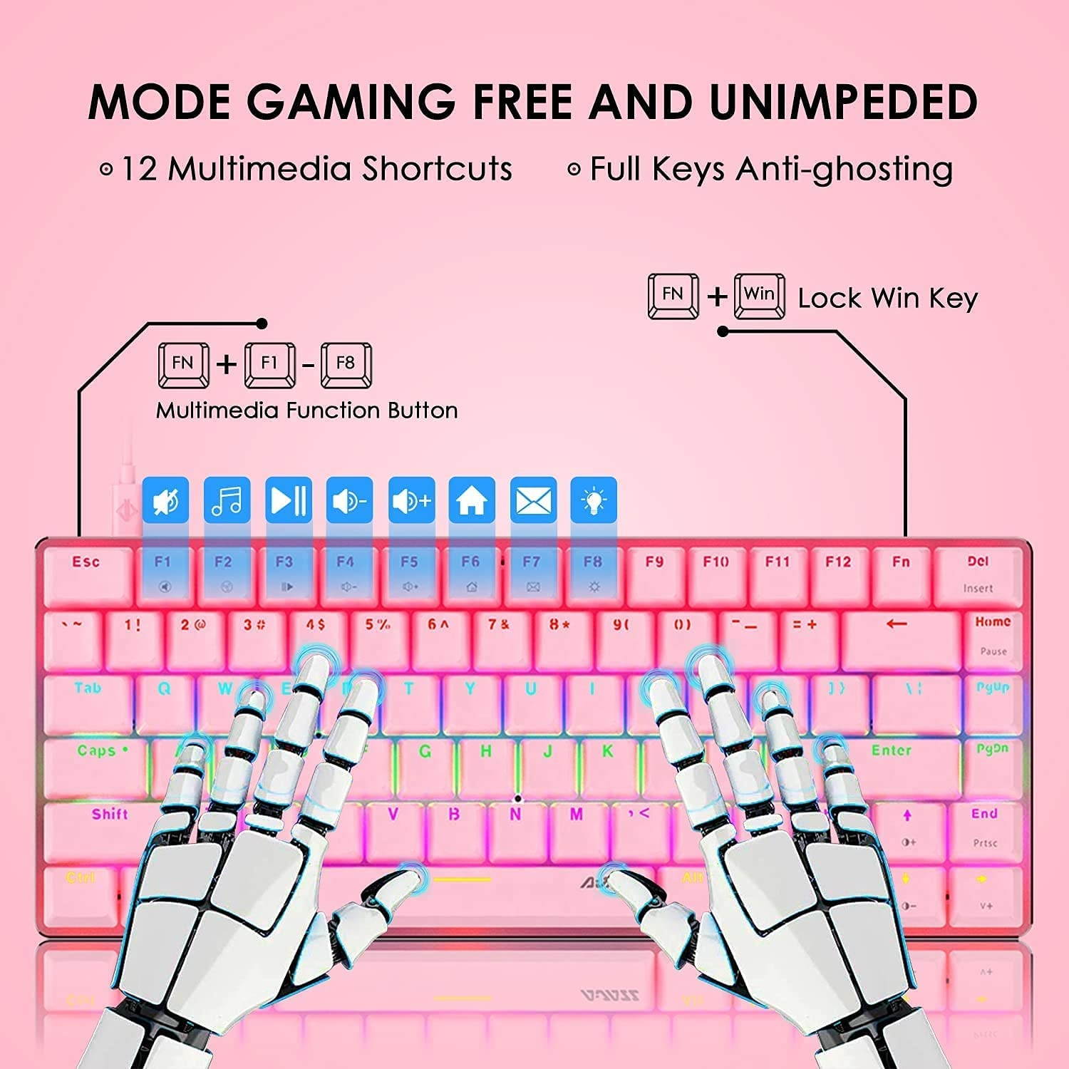 Pink Mechanical Keyboard, Rainbow LED Backlit Detachable USB Cable 82 Keys Compact Gaming Keyboard and Mouse Pad with Anti-Ghosting Key Compatible with Windows PC Laptop Mac Game Office