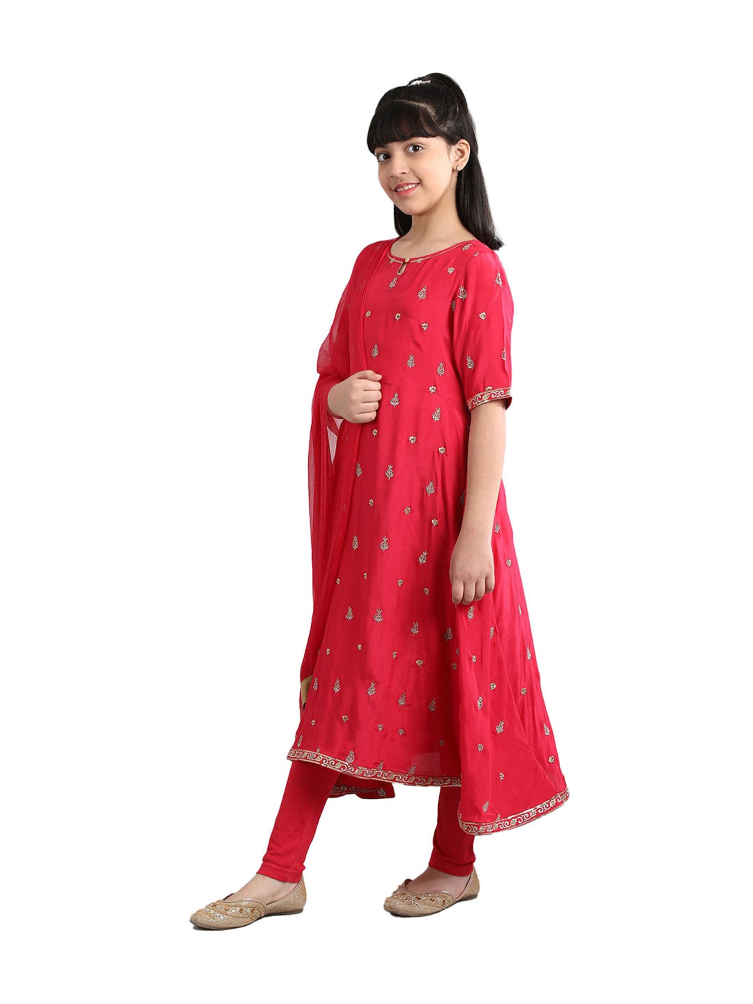 Aurelia Kids Pink Embroidered Kurta, Leggings with Dupatta