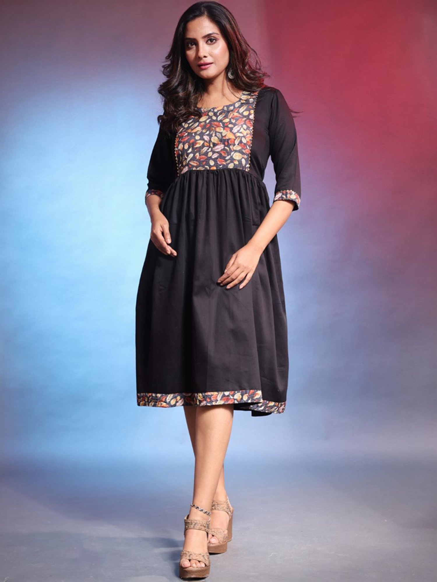 Charukriti Black Floral Print A-Line Dress