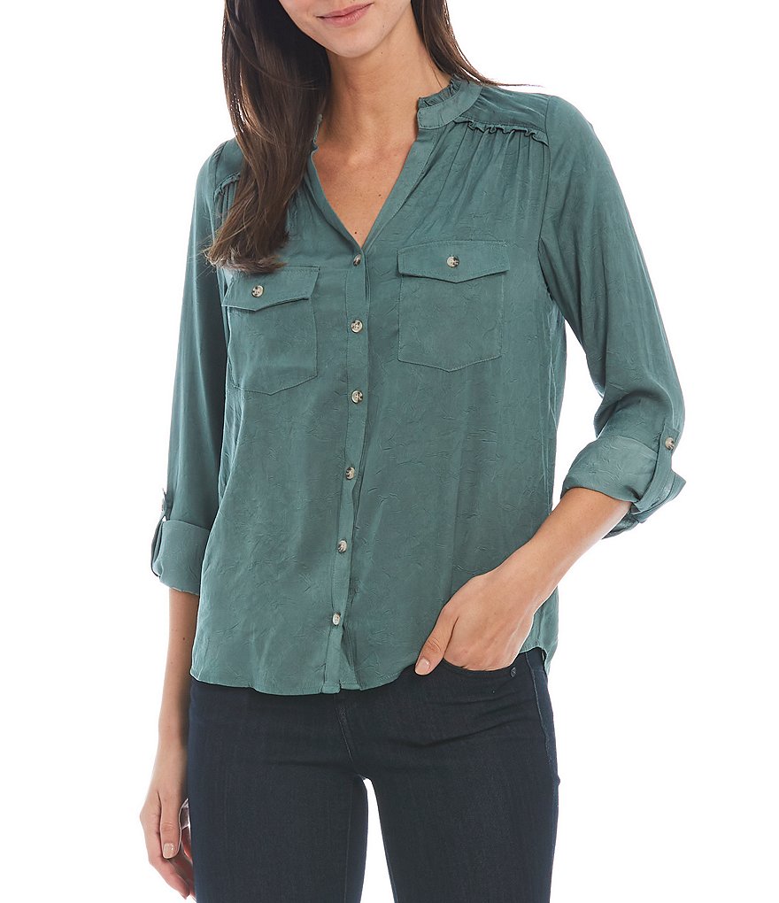 Democracy Solid Woven V-Neck 3/4 Roll-Tab Sleeve Button Down Shirt