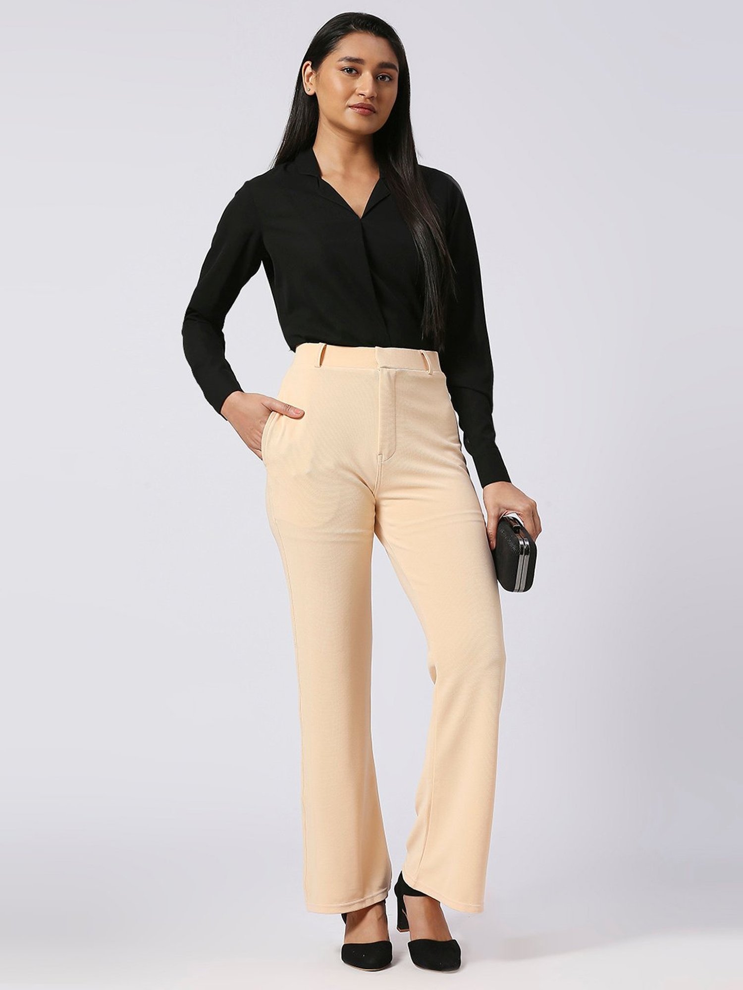 FITHUB Cream Regular Fit High Rise Trousers