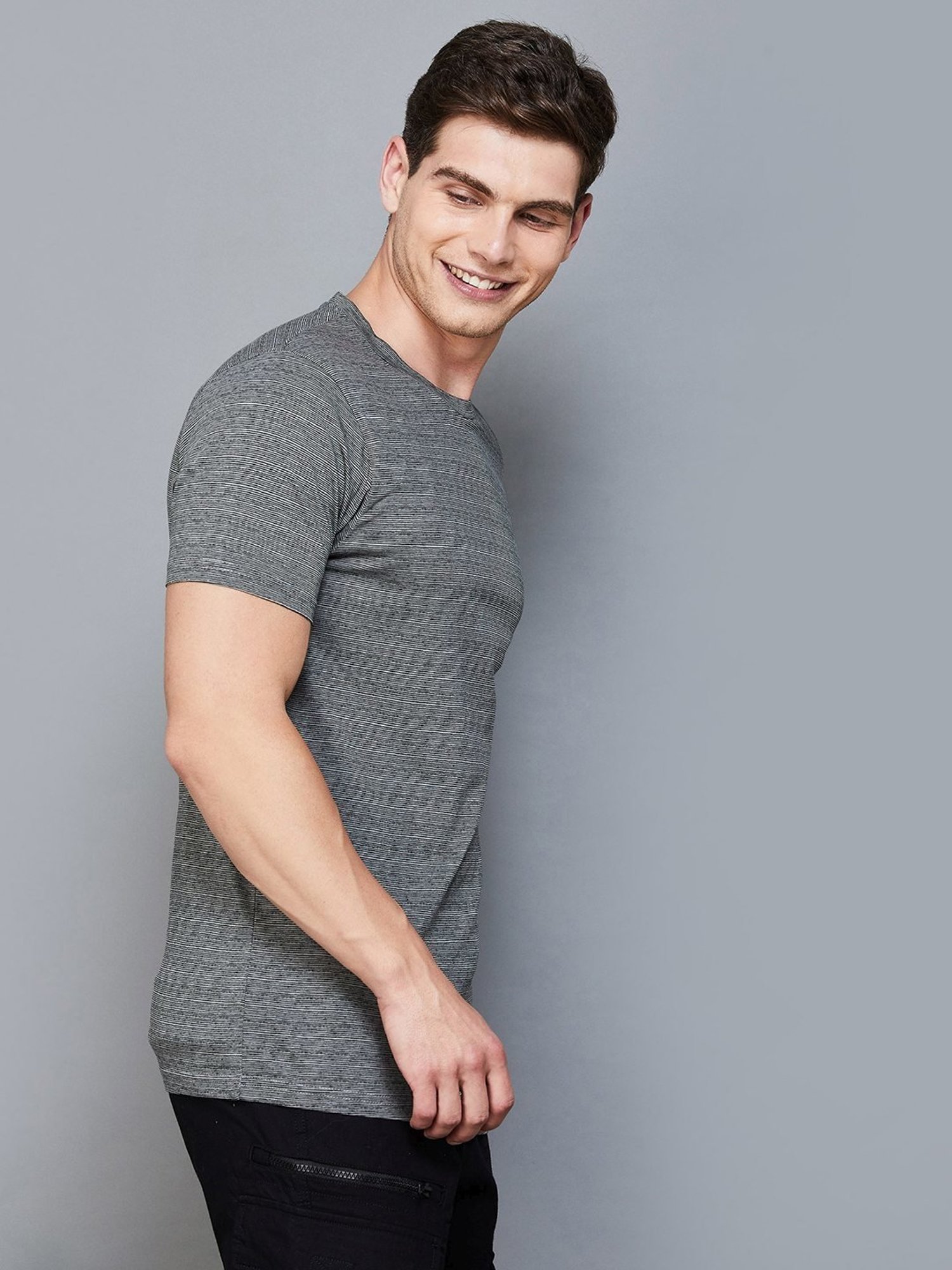 BOSSINI Black Cotton Regular Fit Self Pattern T-Shirt