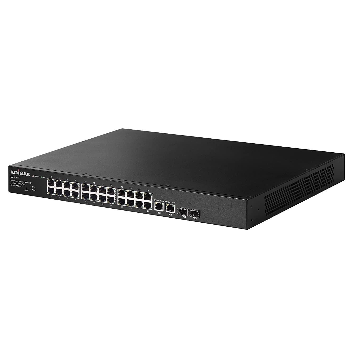 Edimax ES-5224P, 24-Port Fast Ethernet PoE+ with 2 Gigabit Combo Ports Web-Smart Switch, Supports 24 10/100Mbps Fast Ethernet PoE+ Ports and 2 10/100/1000Mbps Combo Ports,Automatically detects Power