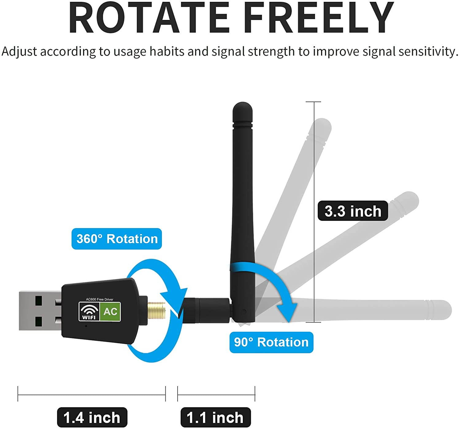 AC600 USB WiFi Adapter for Laptop Desktop PC, 600M Dual Band Wireless Network Adapter with 2.4GHz/5.8GHz High Gain Antenna, Support Windows 10/8/7/XP/Vista, Mac OS 10.9-10.13 and Linux