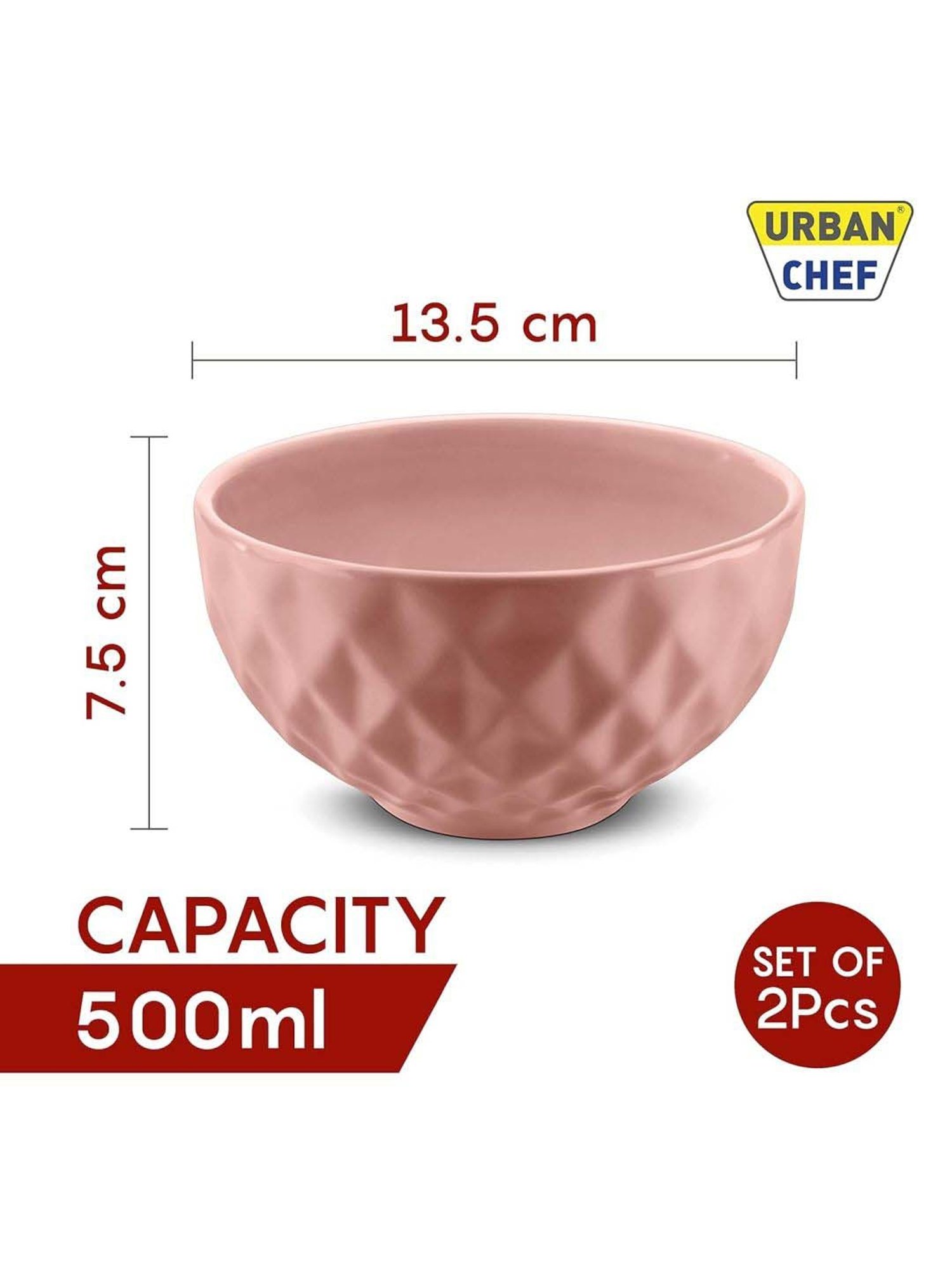 Urban Chef Pink & Grey Ceramic Handcrafted Microwave Safe Bowl (0.5 L) - Set of 2