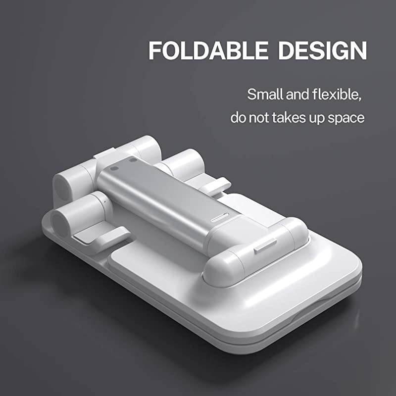 Phone Stand Foldable Portable Desktop Stand Adjustable Height and Angle Phone Holder for Desk Sturdy Aluminum Metal Stand Compatible with SmartphoneiPadKindleTablet White
