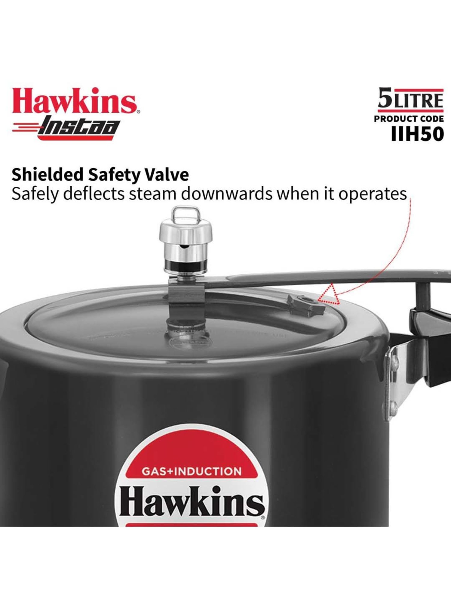 Hawkins Black Aluminium Induction Inner Lid Instaa Hard Anodised Pressure Cooker (Iih50) (5 L)