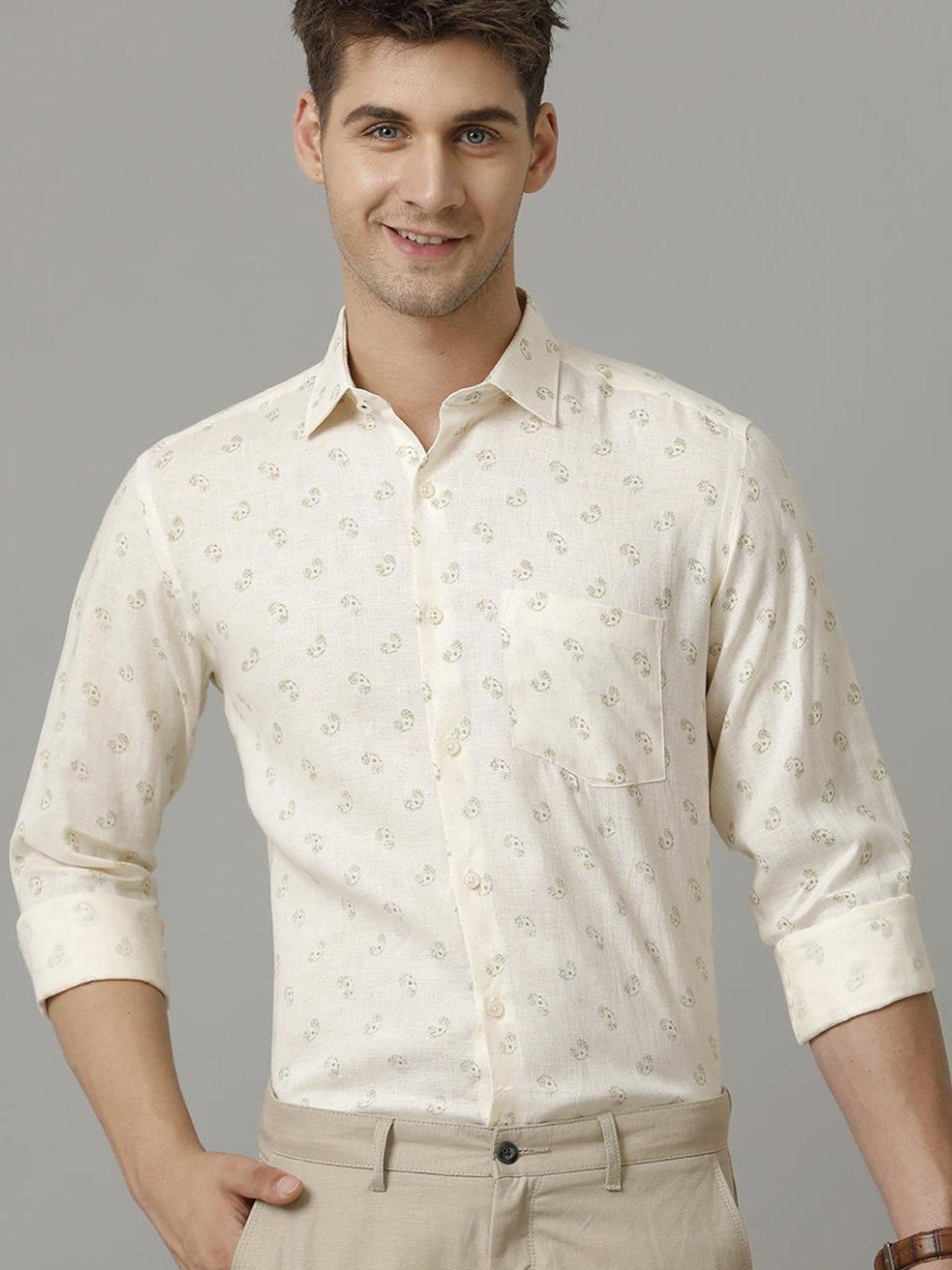 Linen Club Beige Linen Contemporary Fit Printed Shirt